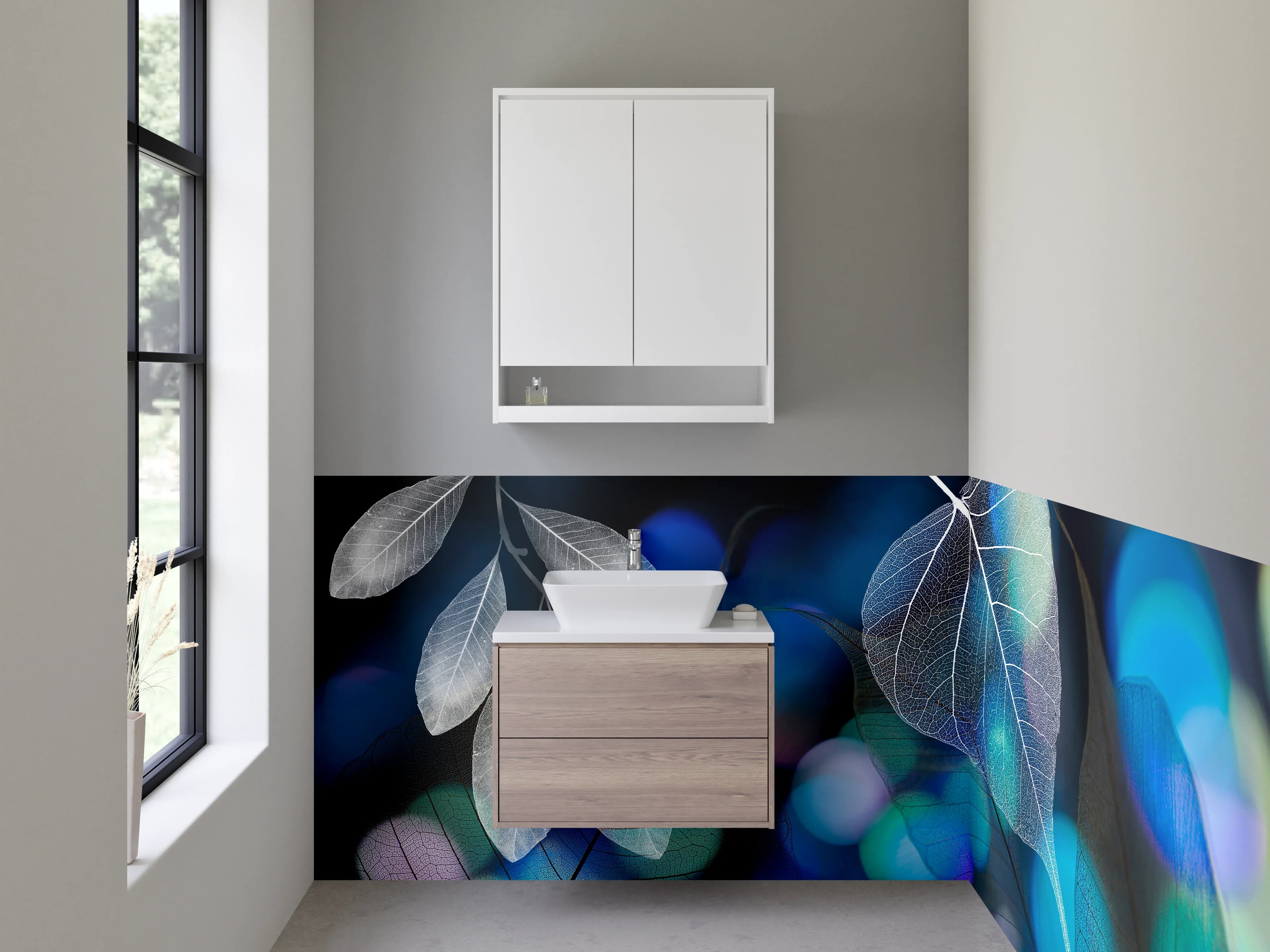 Waschbecken-Rückwand - Filigrane Blätter auf Blau Schwarz
