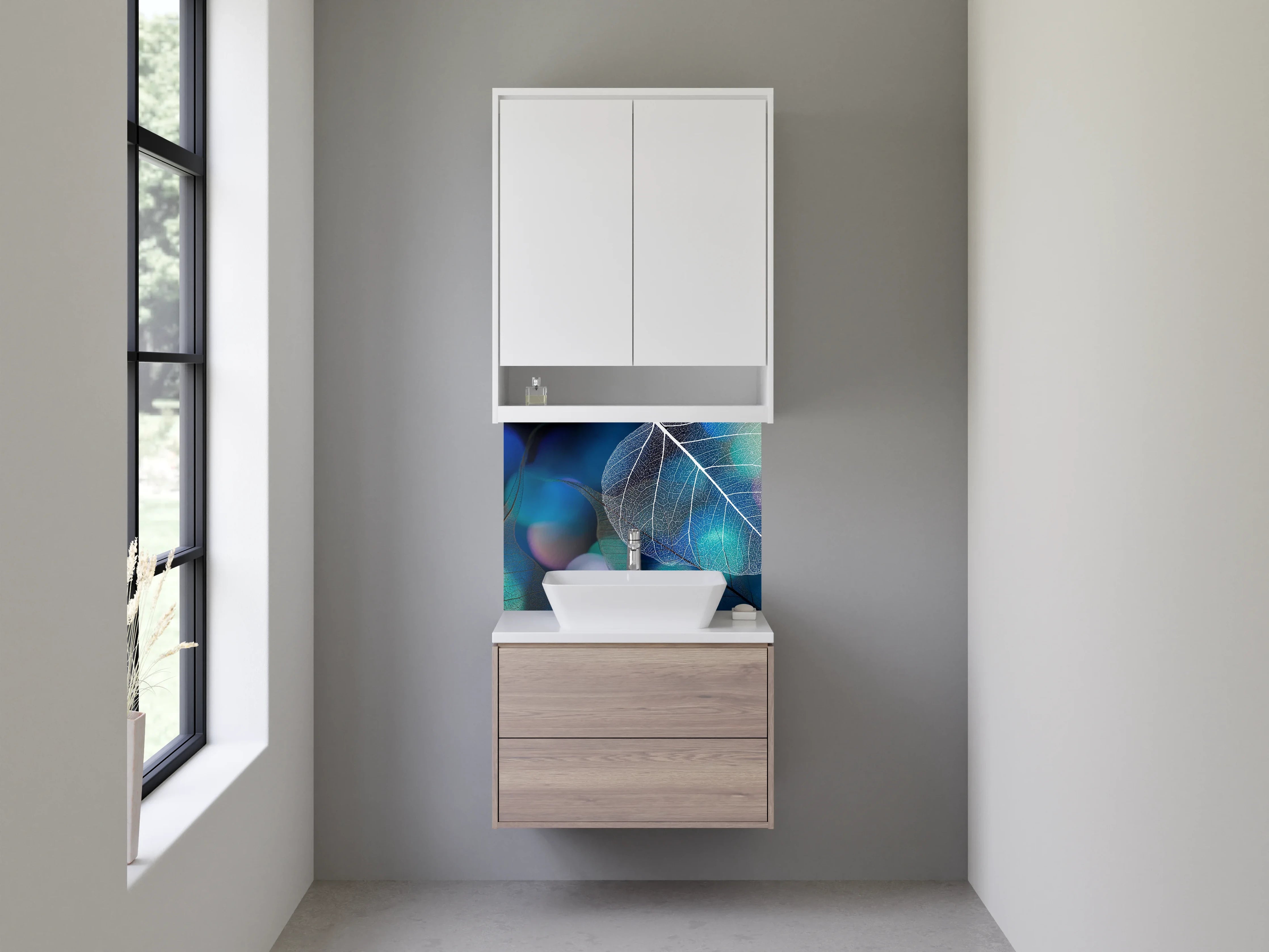 Waschbecken-Rückwand - Filigrane Blätter auf Blau Schwarz