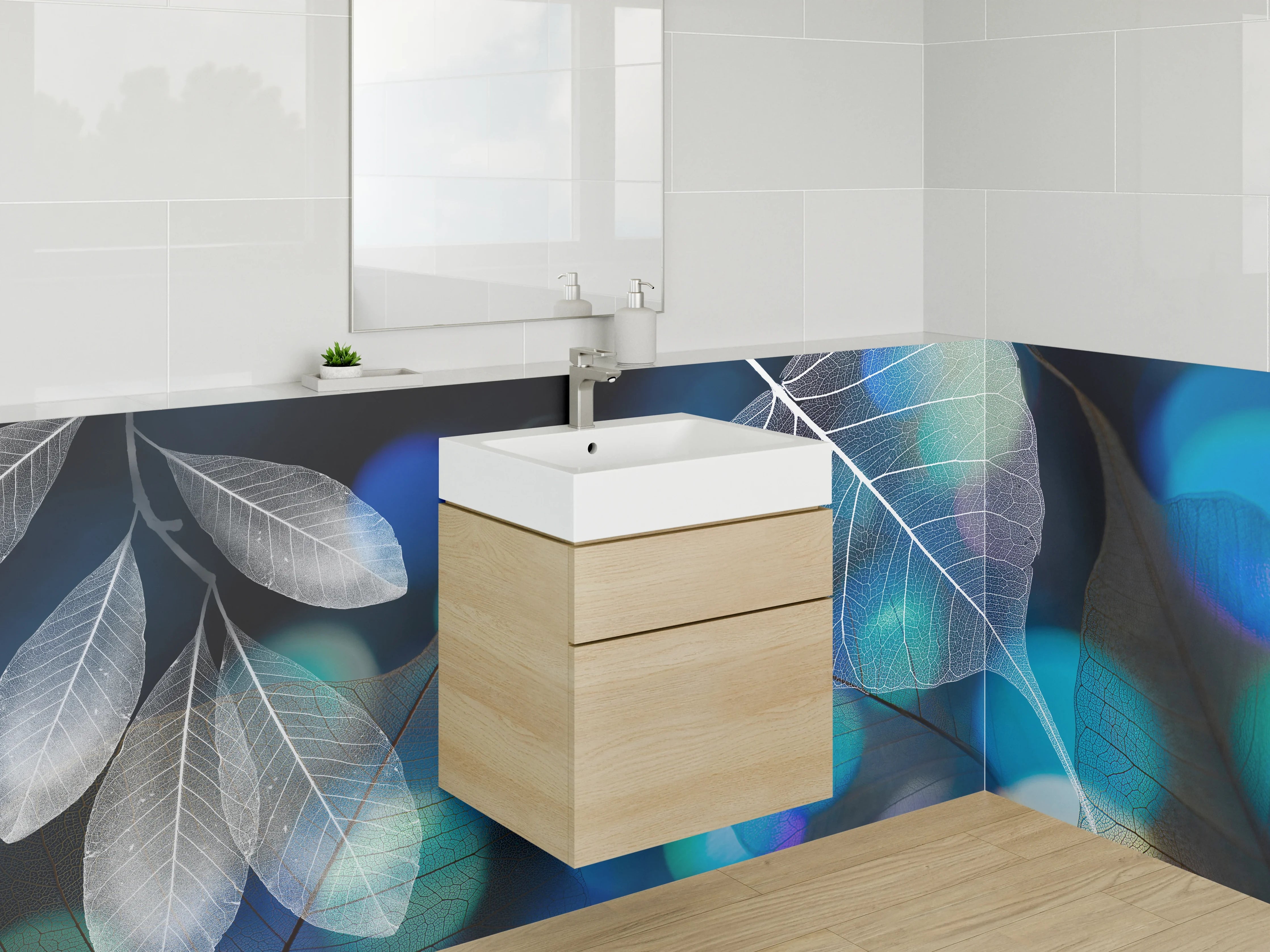 Waschbecken-Rückwand - Filigrane Blätter auf Blau Schwarz
