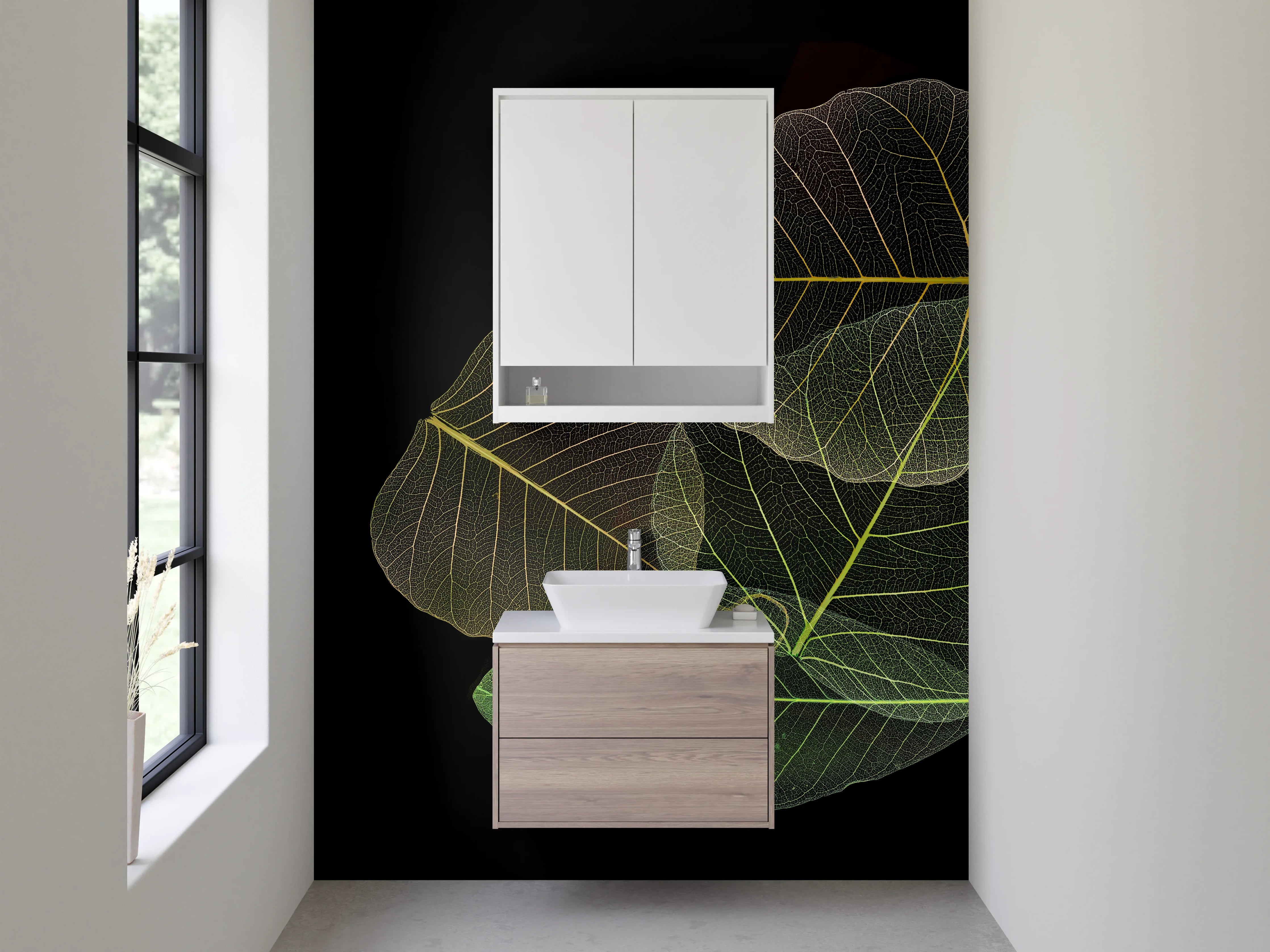 Waschbecken-Rückwand - Filigrane Blätter auf Schwarz – Design