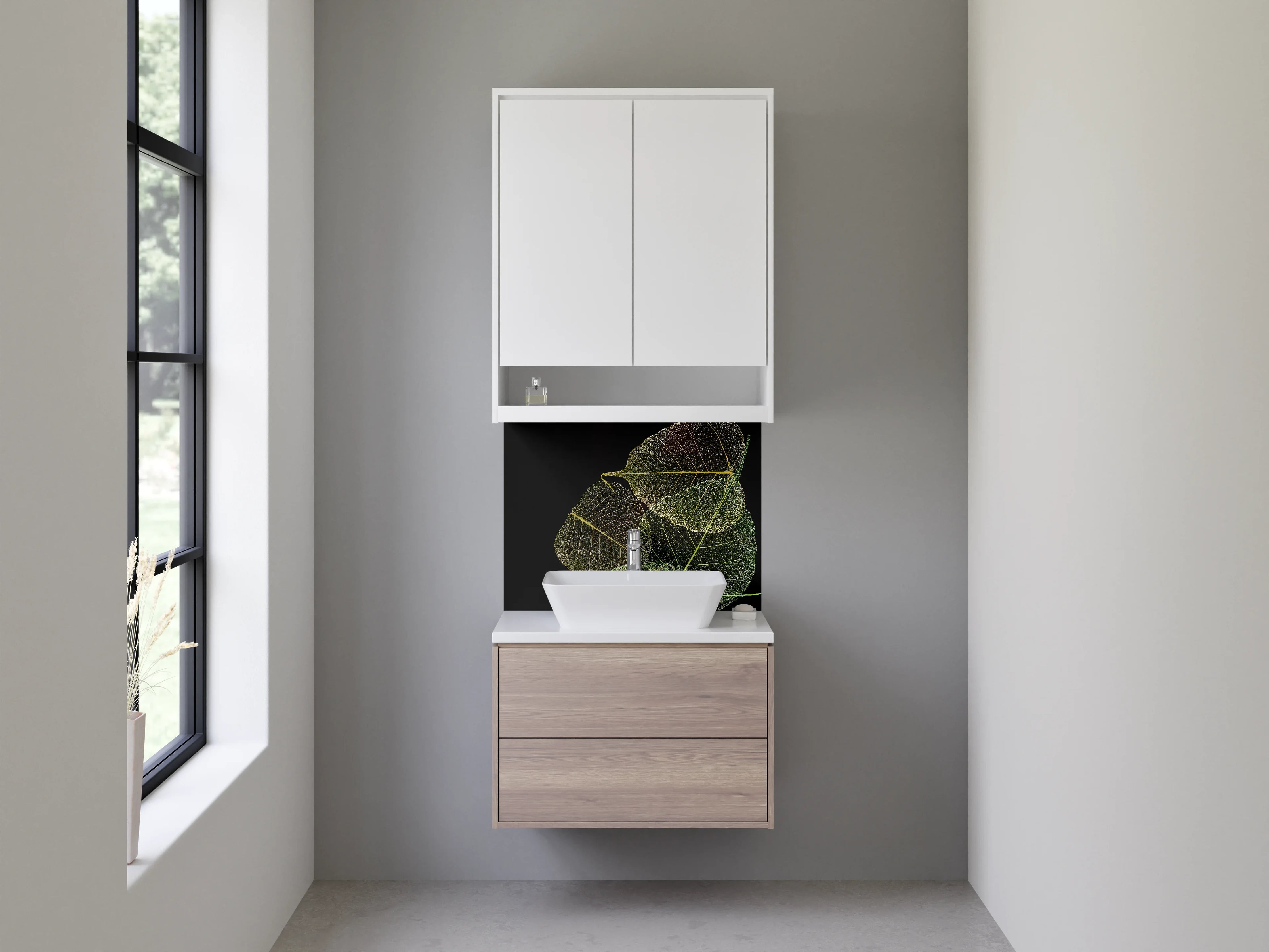 Waschbecken-Rückwand - Filigrane Blätter auf Schwarz – Design