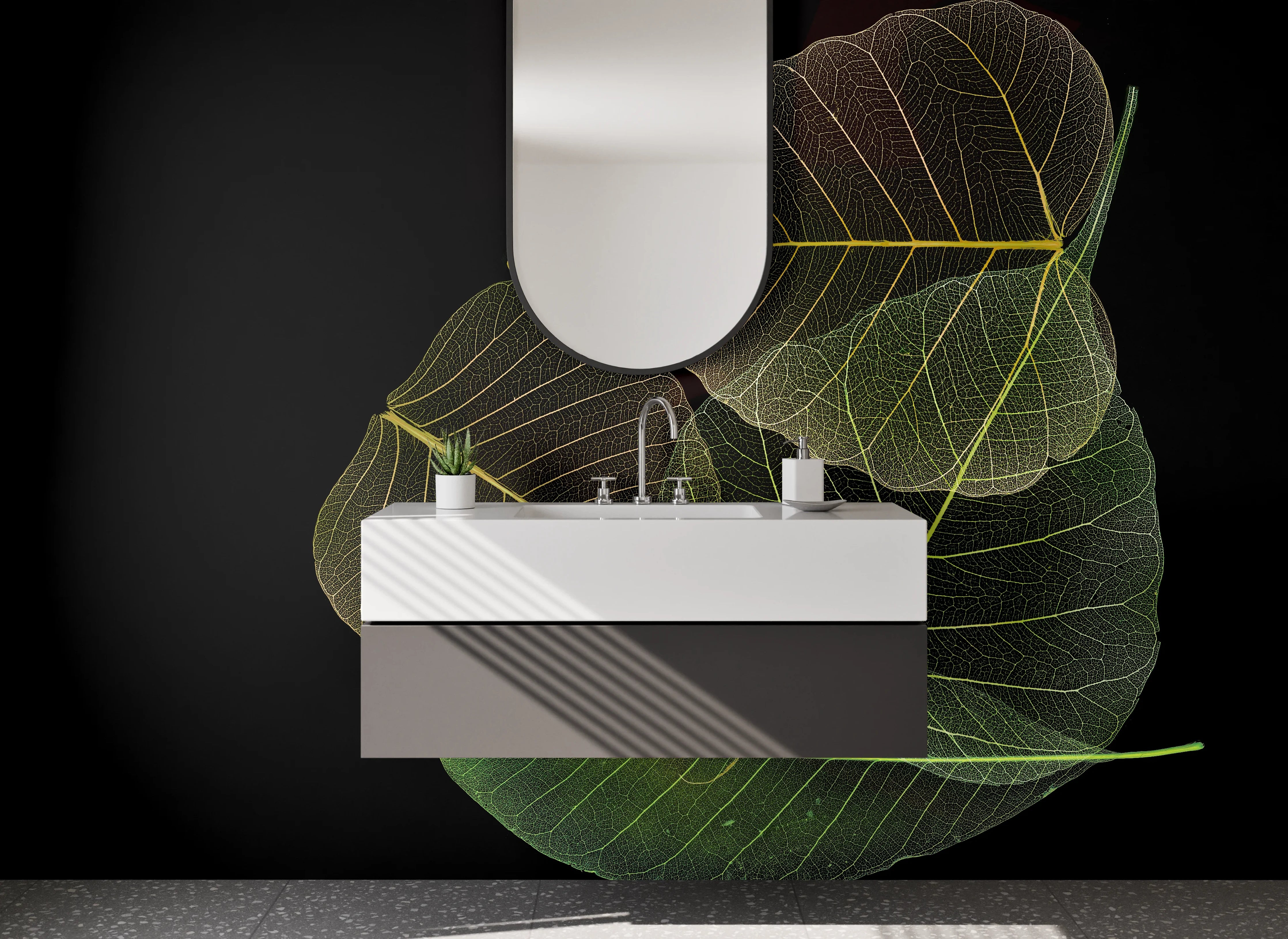 Waschbecken-Rückwand - Filigrane Blätter auf Schwarz – Design