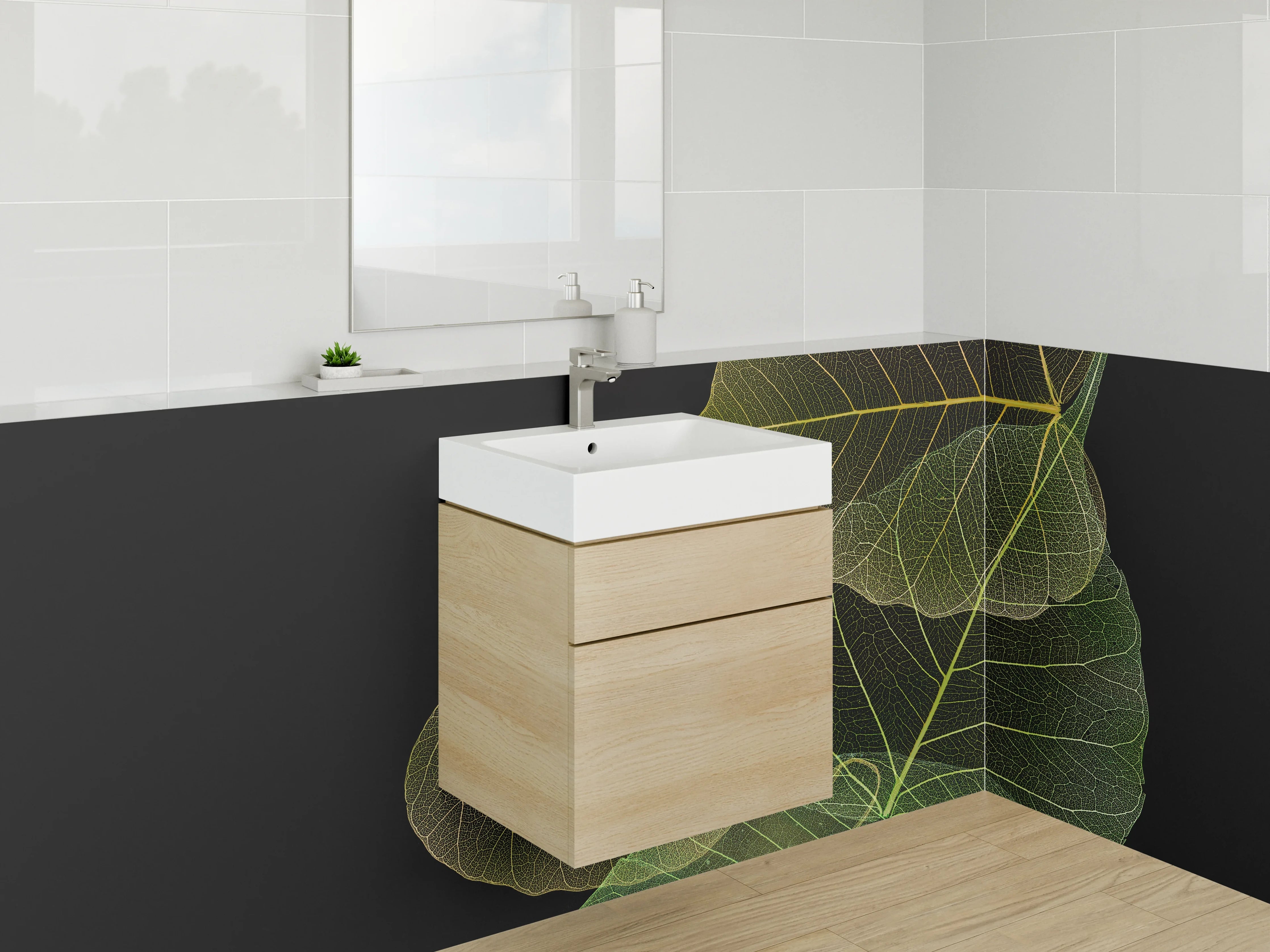 Waschbecken-Rückwand - Filigrane Blätter auf Schwarz – Design