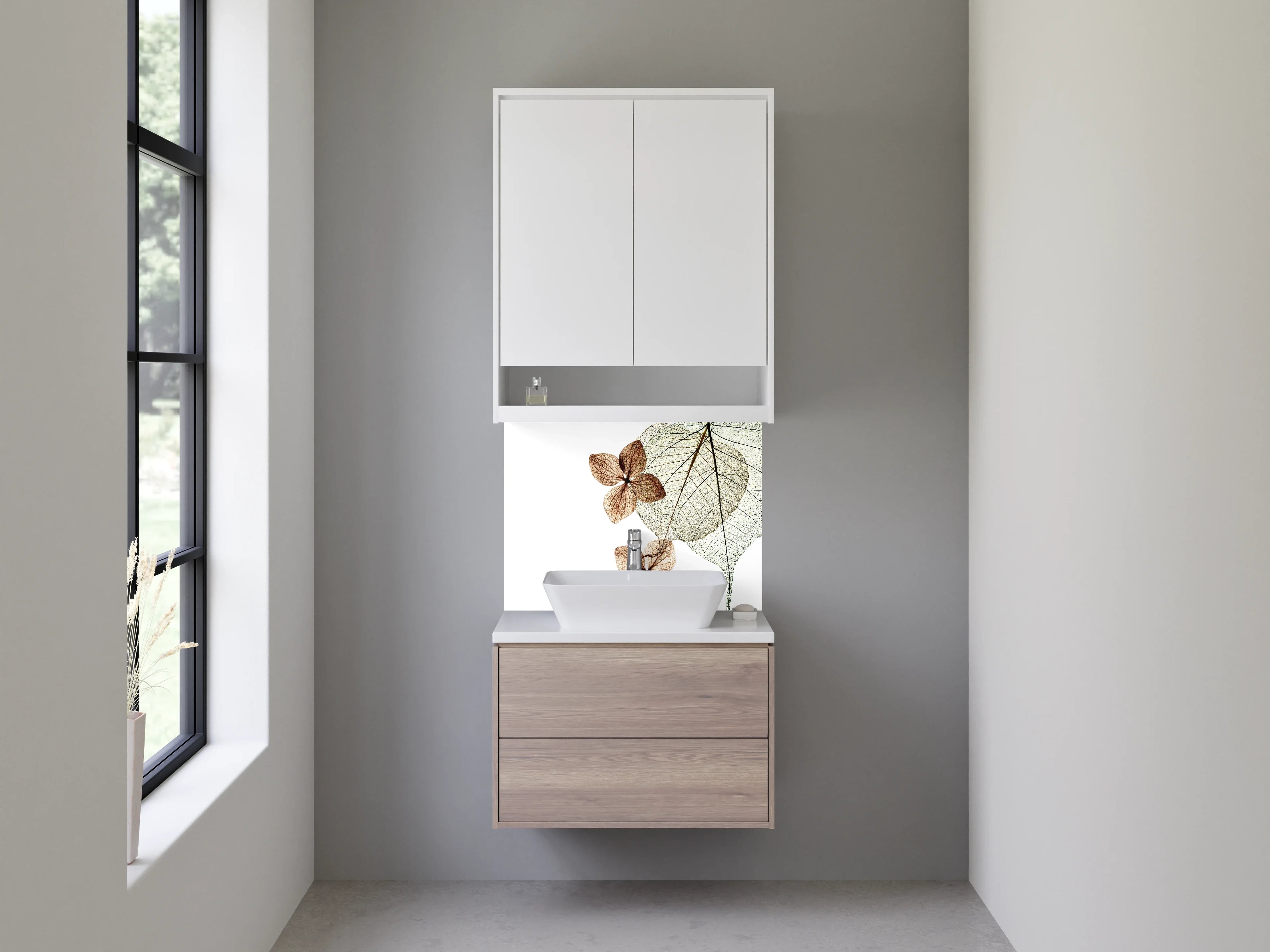 Waschbecken-Rückwand - Filigrane Blätterkunst mit Weiß und Braun