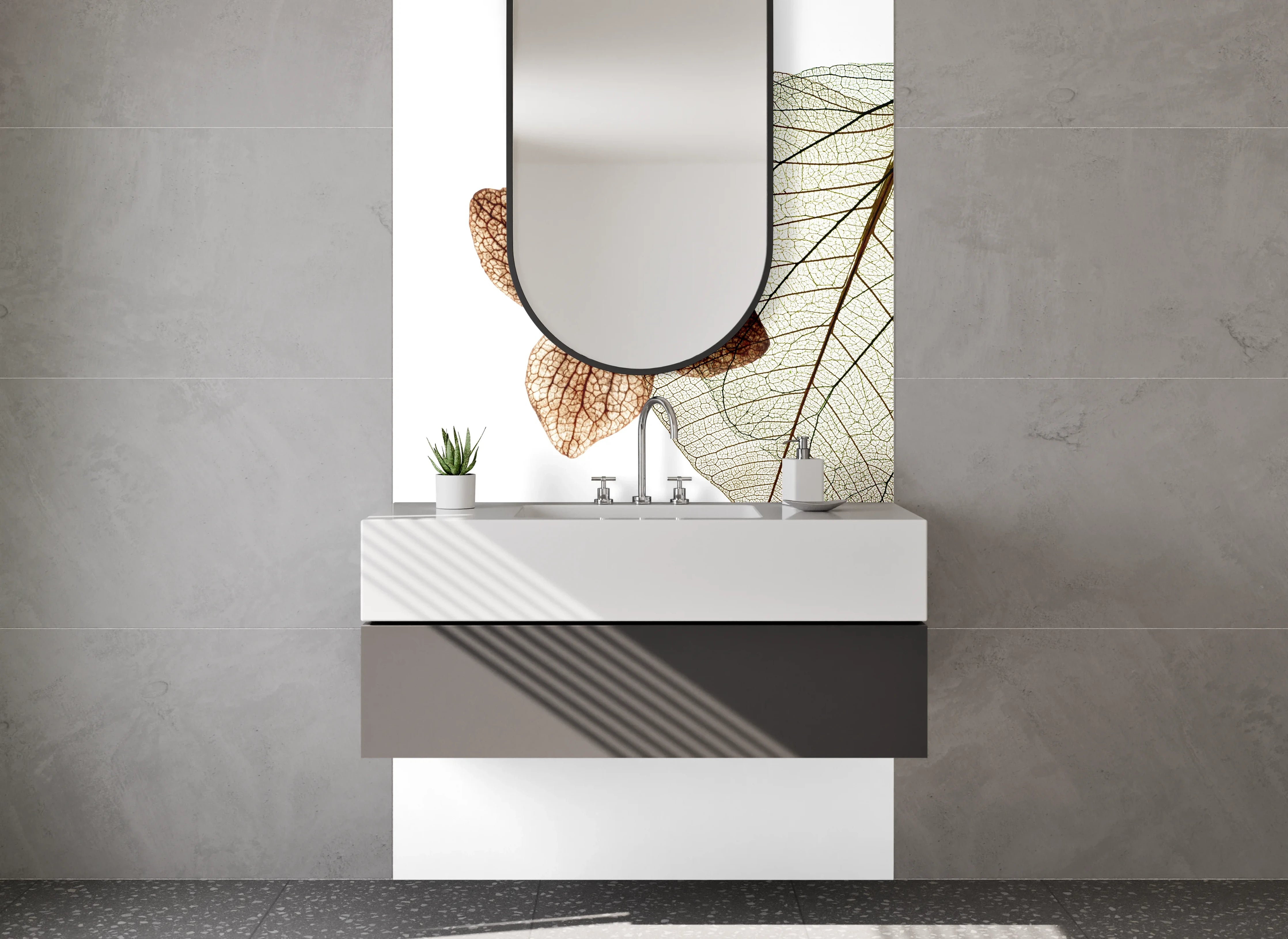 Waschbecken-Rückwand - Filigrane Blätterkunst mit Weiß und Braun