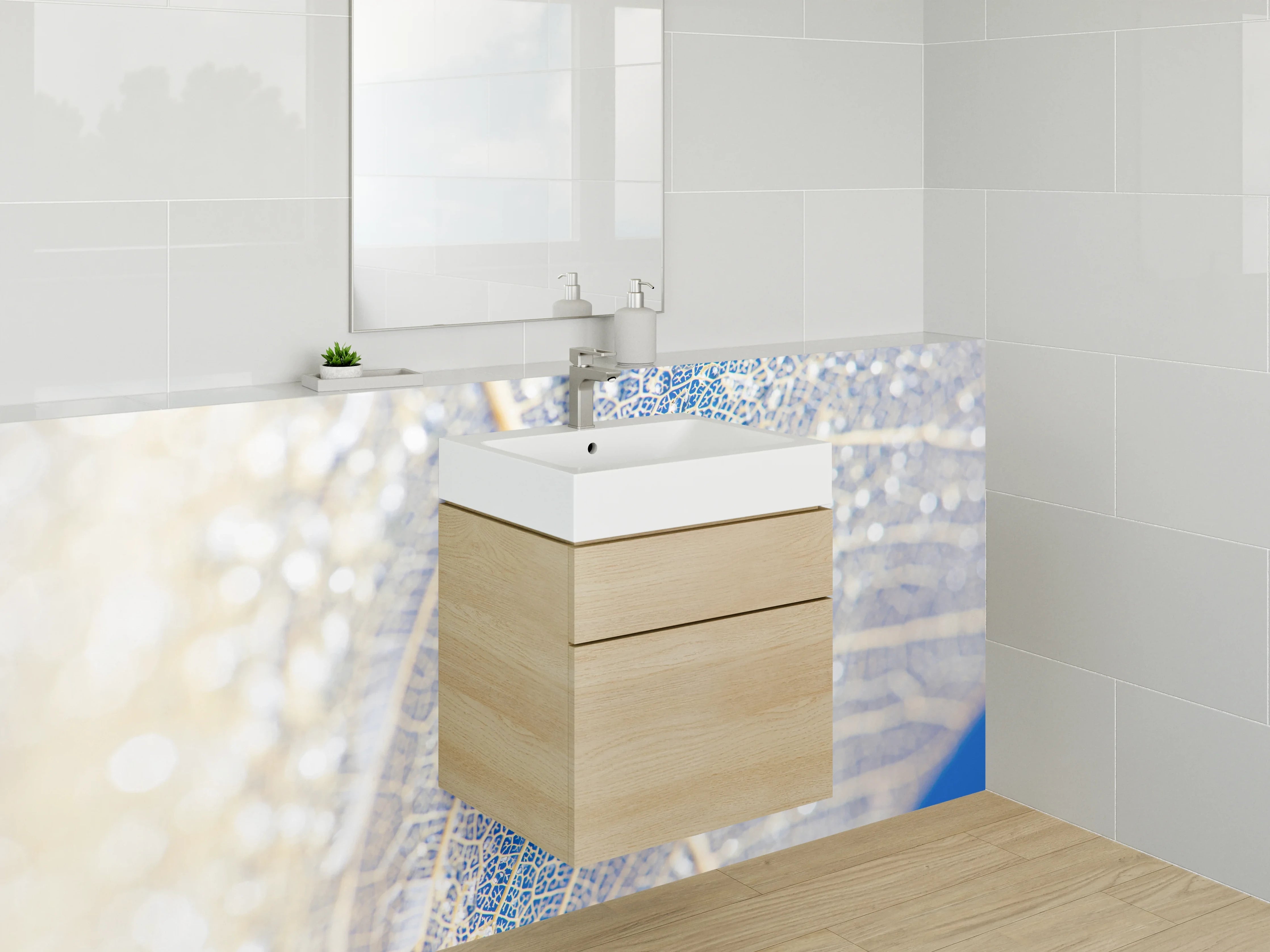 Waschbecken-Rückwand - Filigrane Blattstruktur Blau Weiß