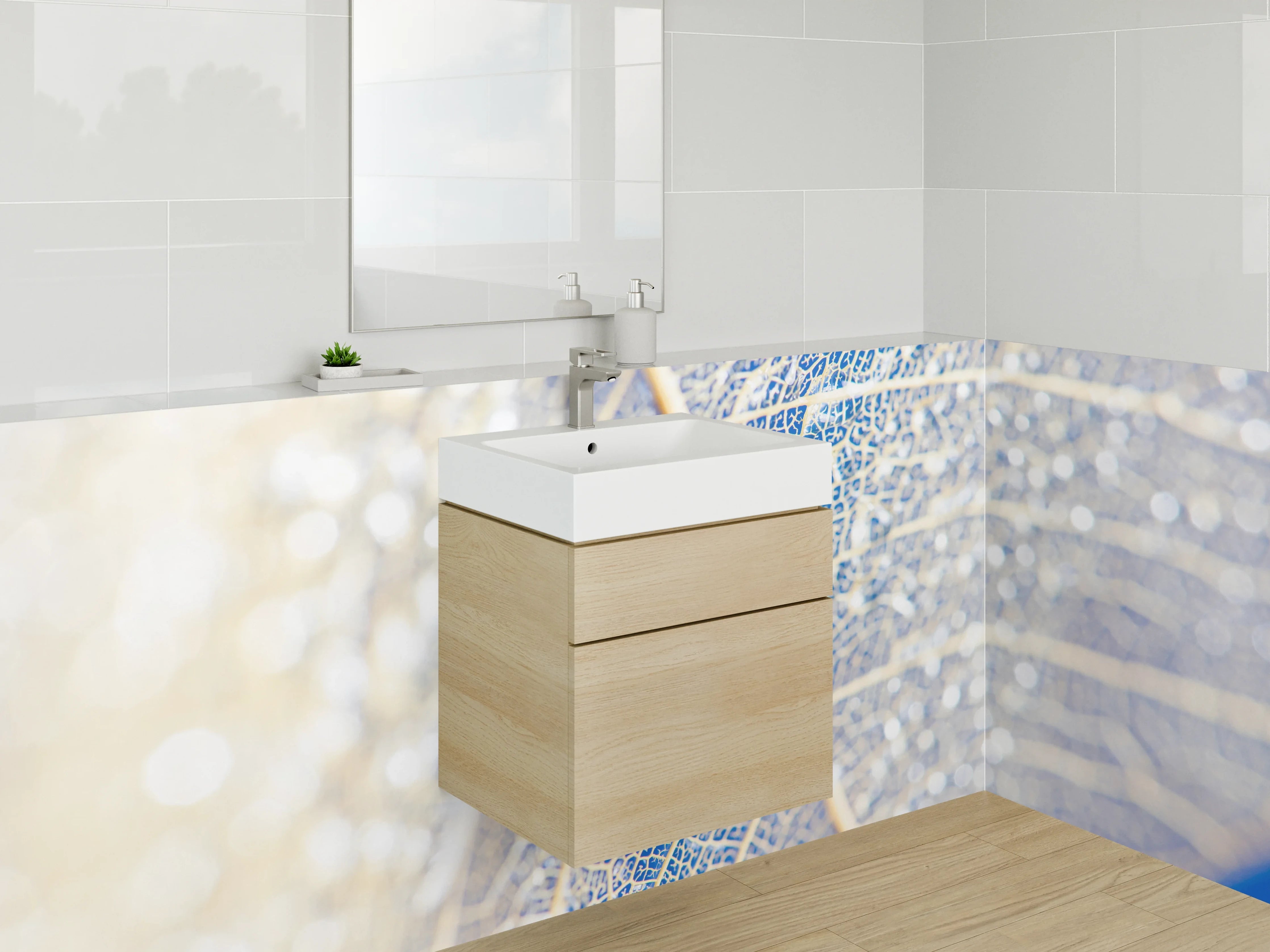 Waschbecken-Rückwand - Filigrane Blattstruktur Blau Weiß