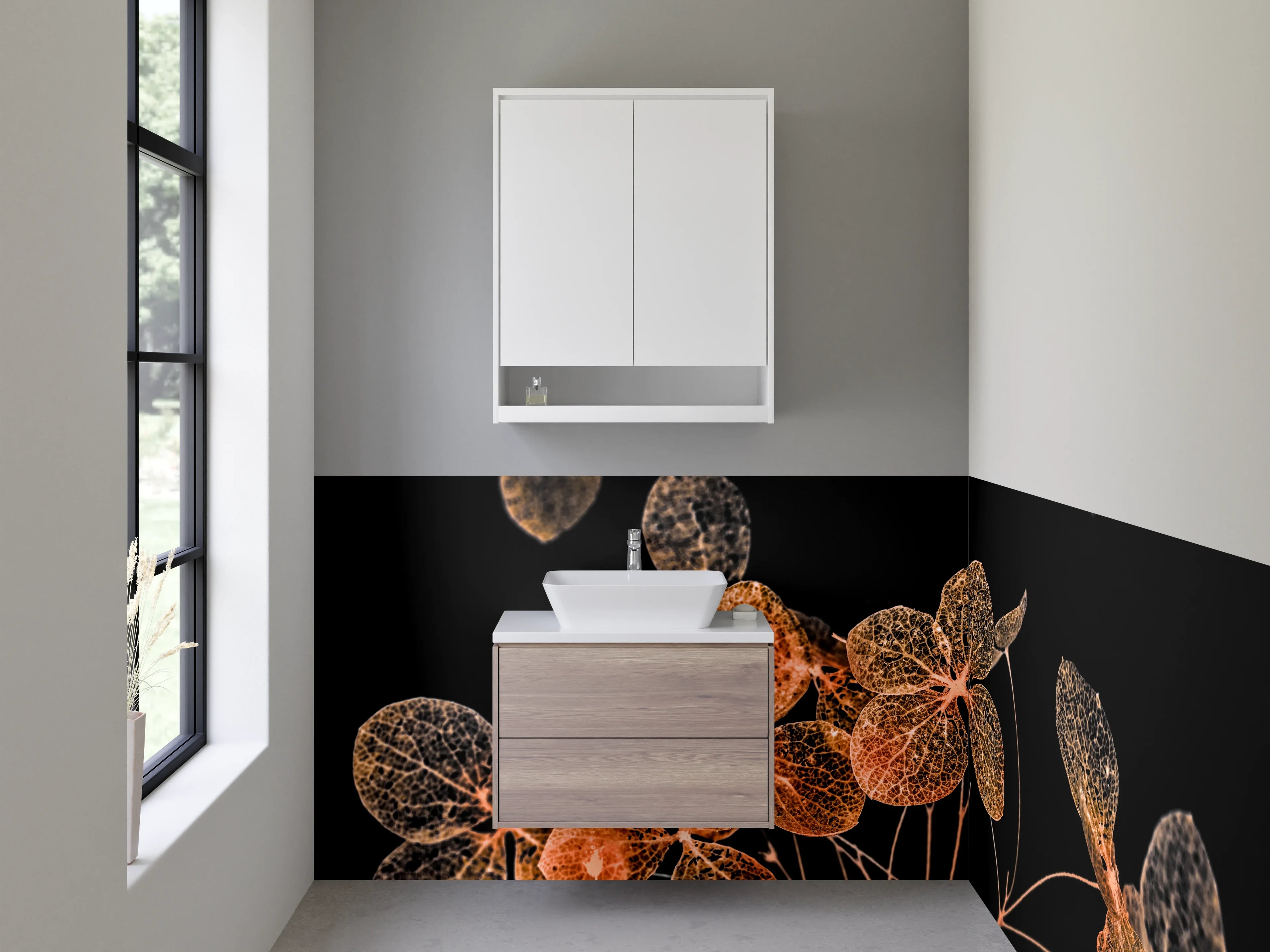 Waschbecken-Rückwand - Filigrane Blüten in Orange auf Schwarz