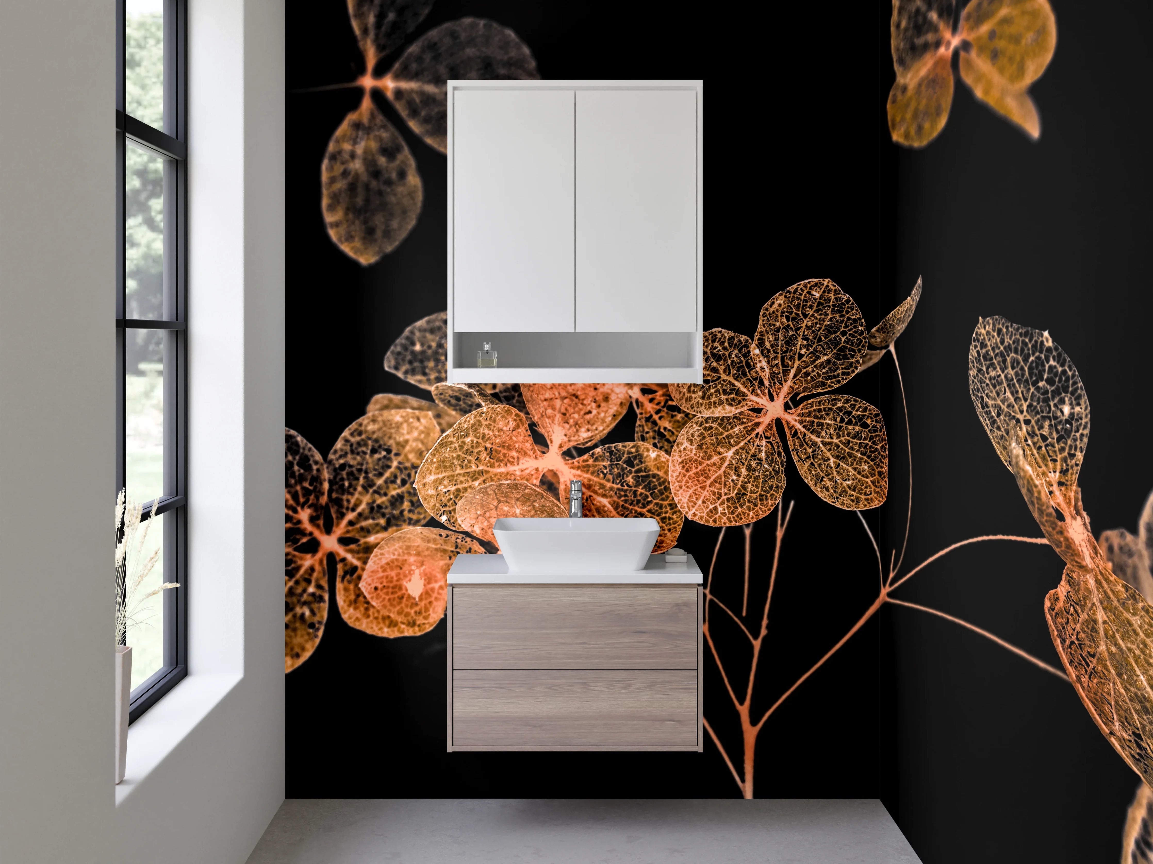 Waschbecken-Rückwand - Filigrane Blüten in Orange auf Schwarz