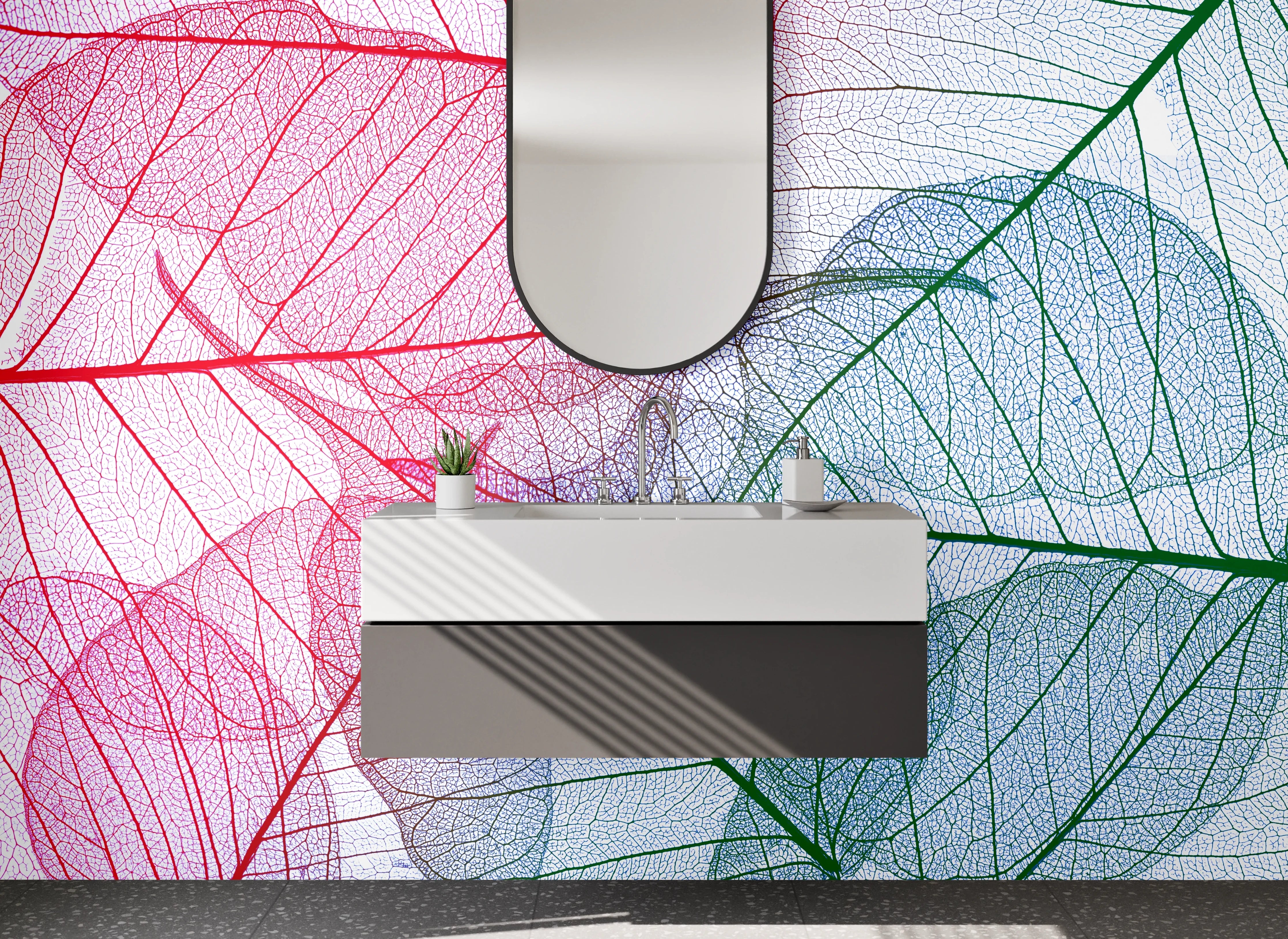 Waschbecken-Rückwand - Filigrane bunte Blattskelette transparent