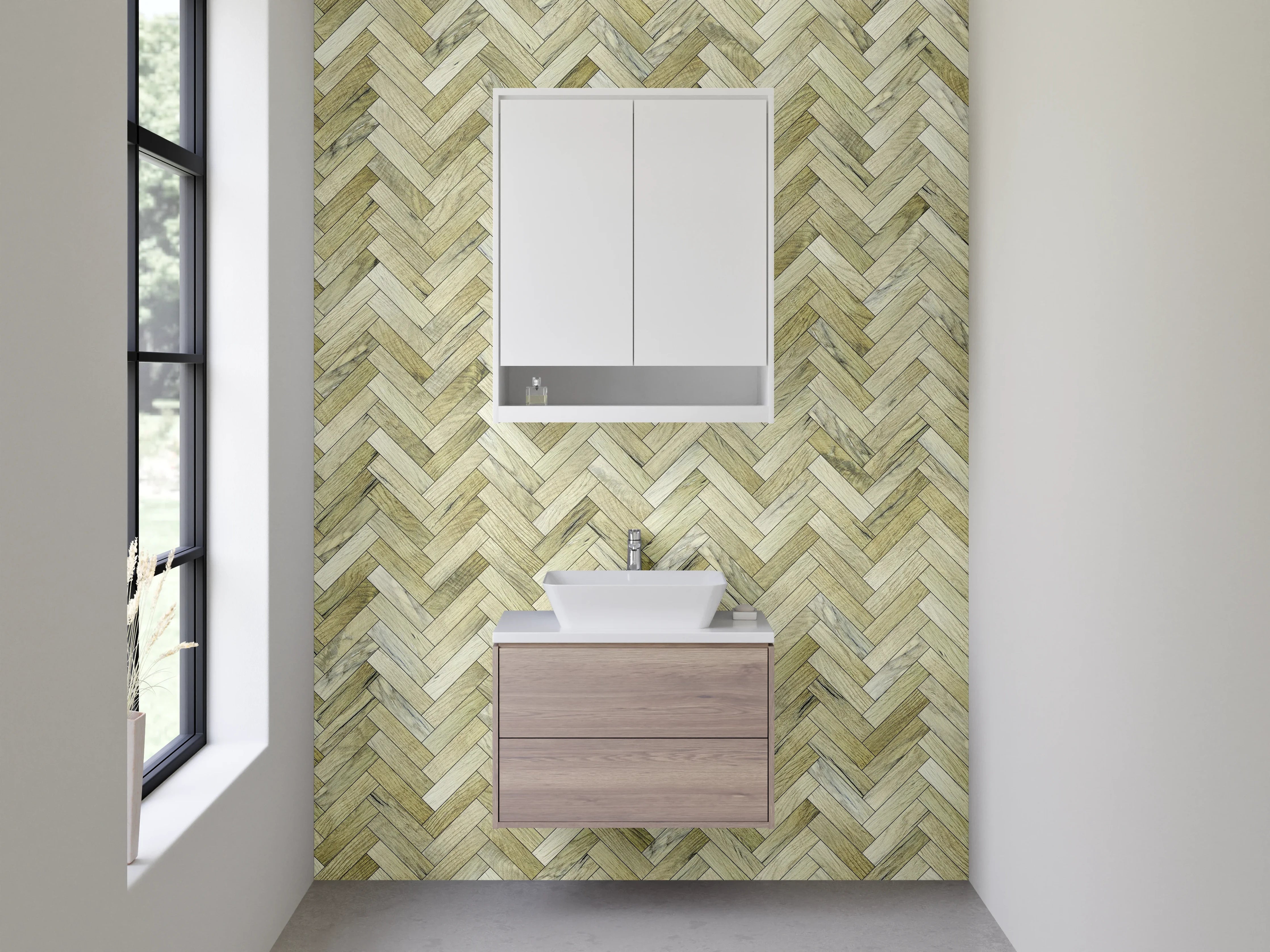 Waschbecken-Rückwand - Fischgrät-Muster Holzoptik Beige Braun