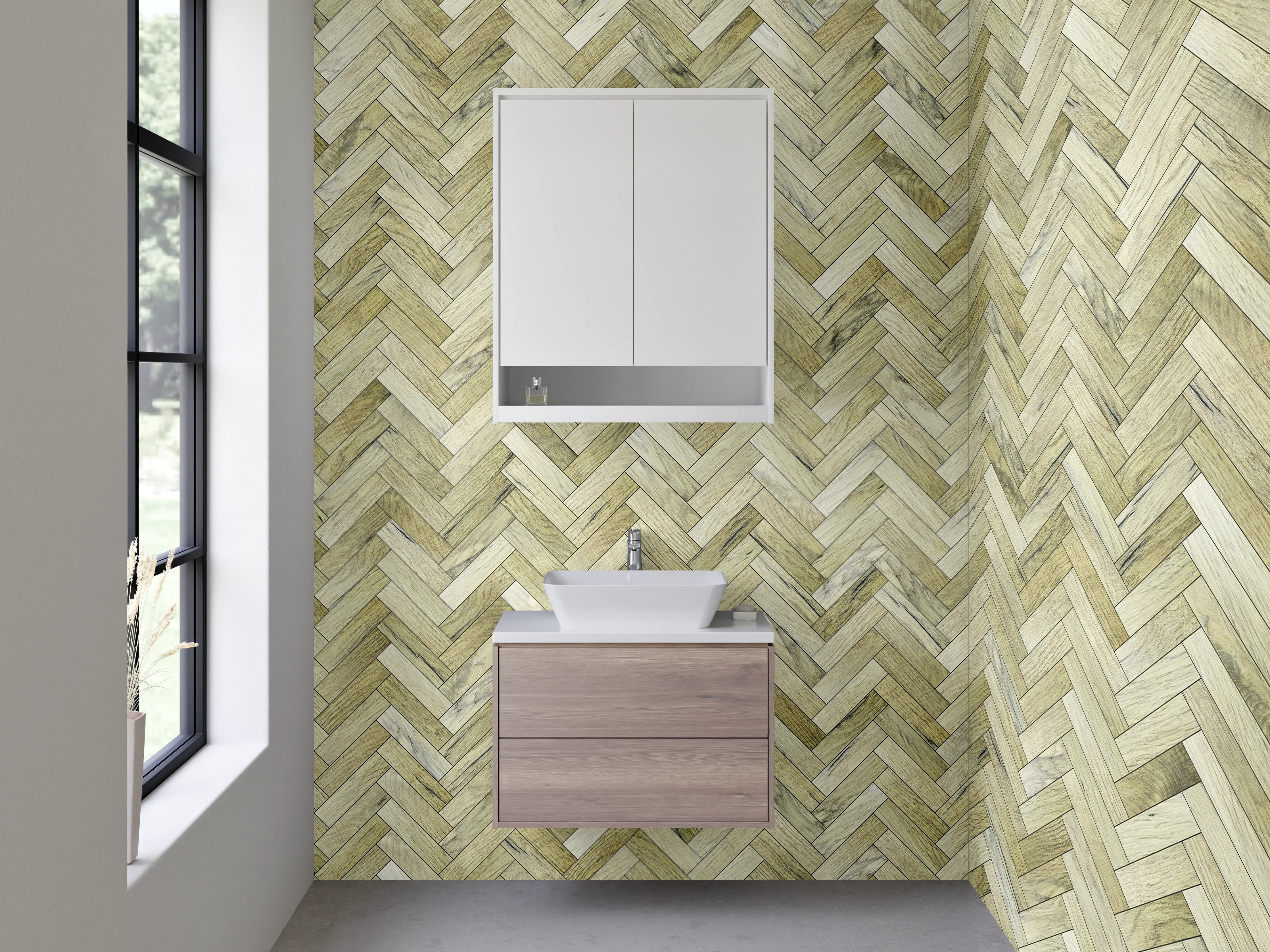 Waschbecken-Rückwand - Fischgrät-Muster Holzoptik Beige Braun