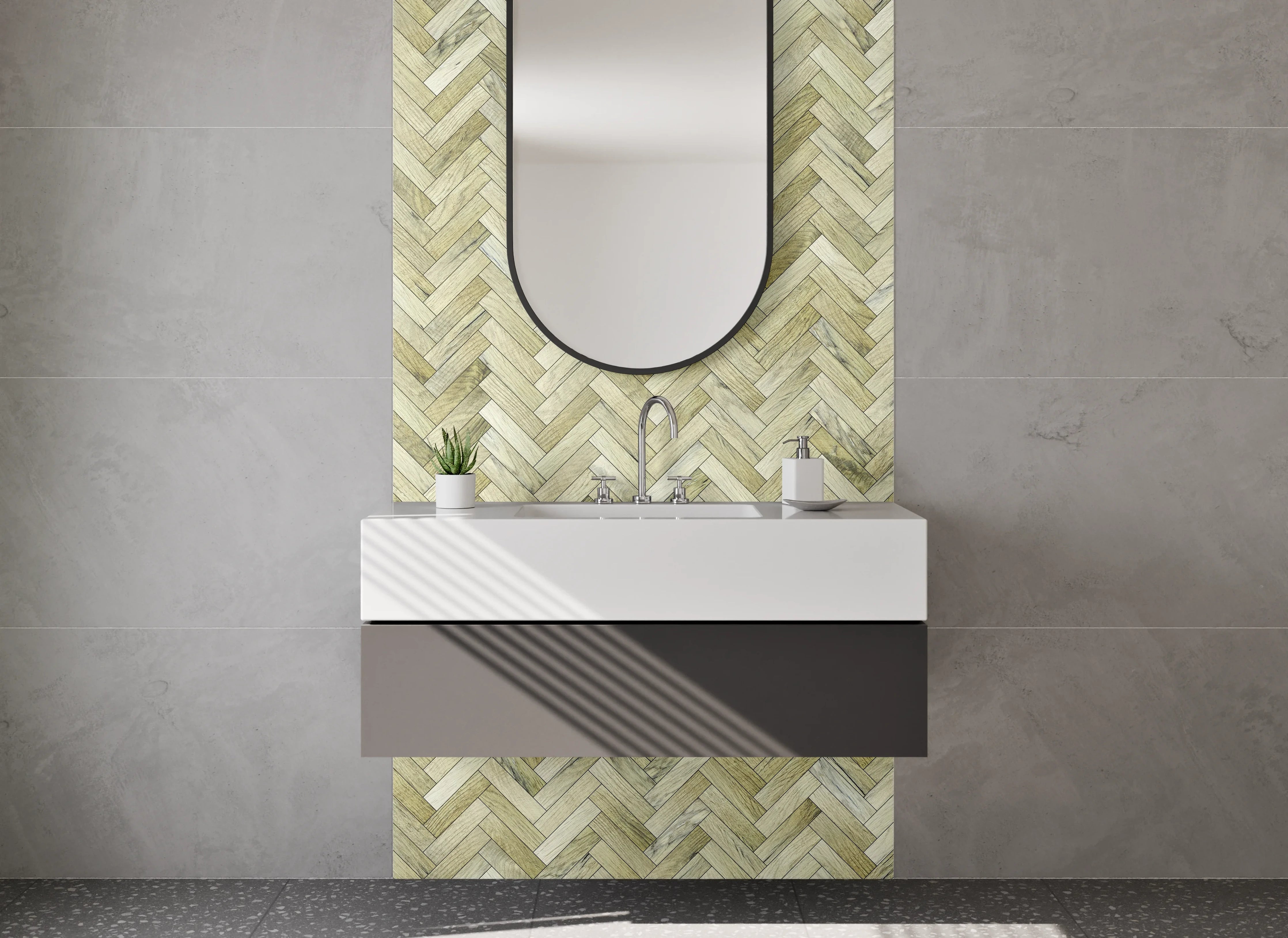 Waschbecken-Rückwand - Fischgrät-Muster Holzoptik Beige Braun