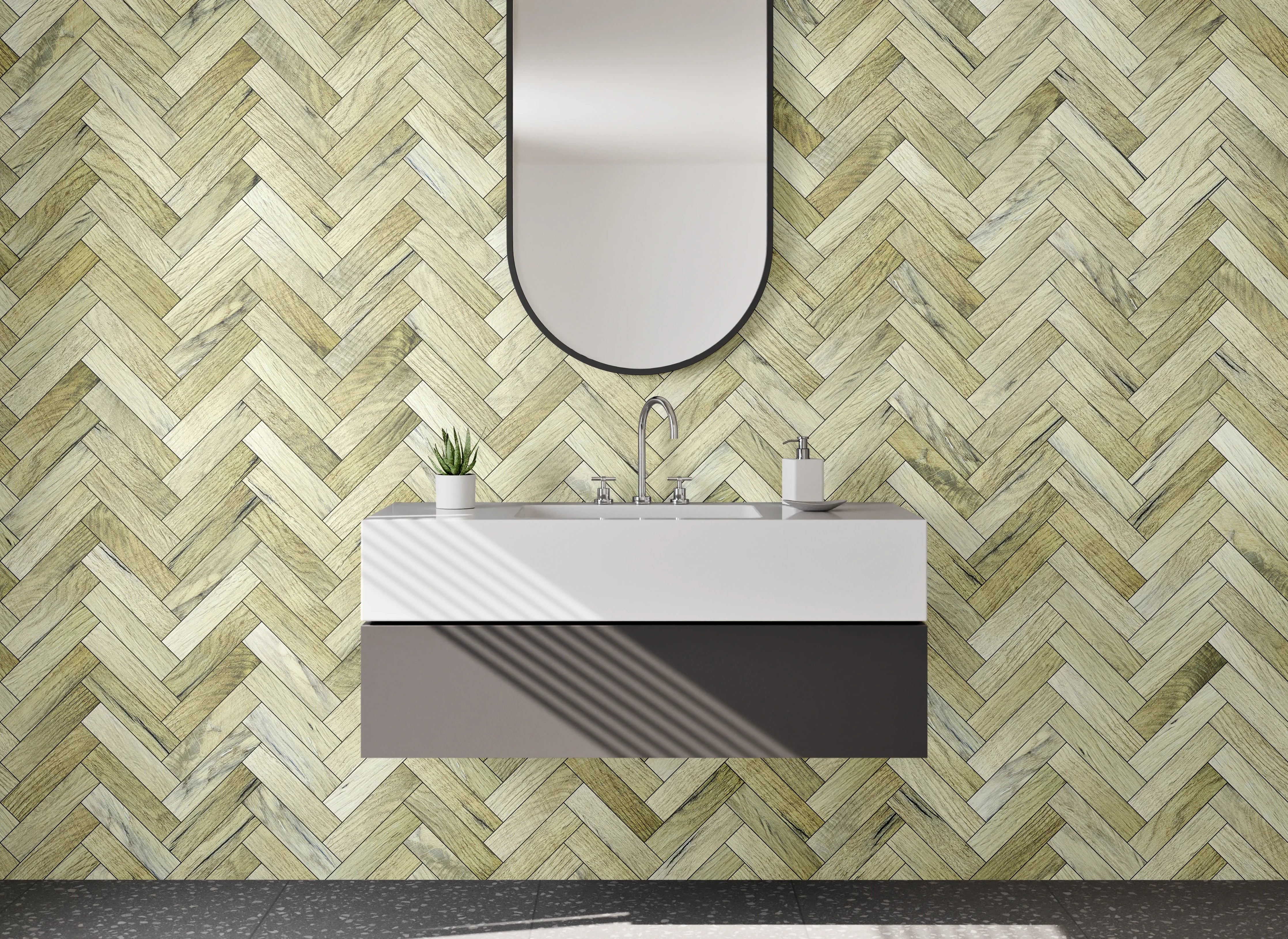Waschbecken-Rückwand - Fischgrät-Muster Holzoptik Beige Braun