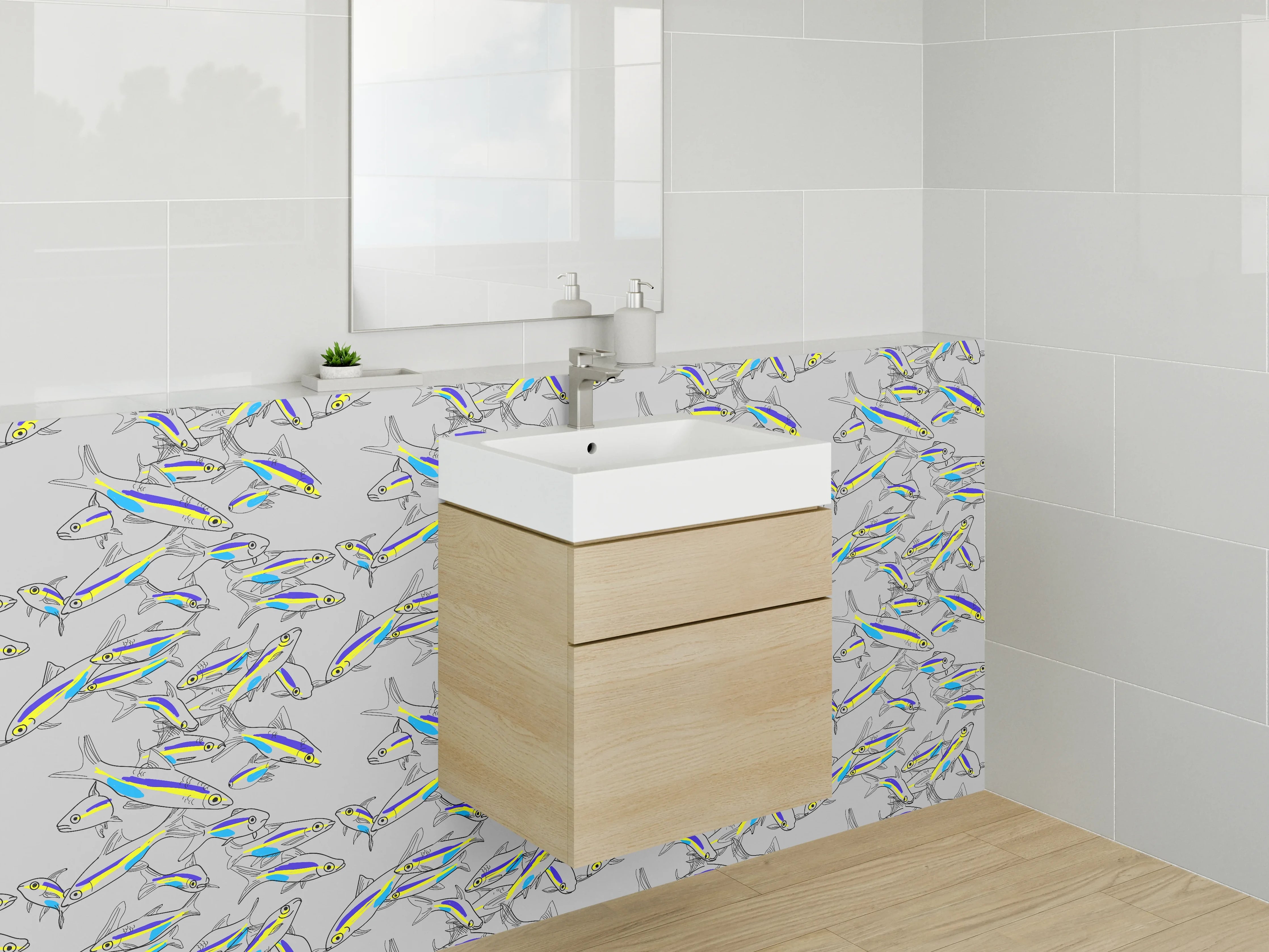 Waschbecken-Rückwand - Fischmuster Illustration auf Weiß-Grau