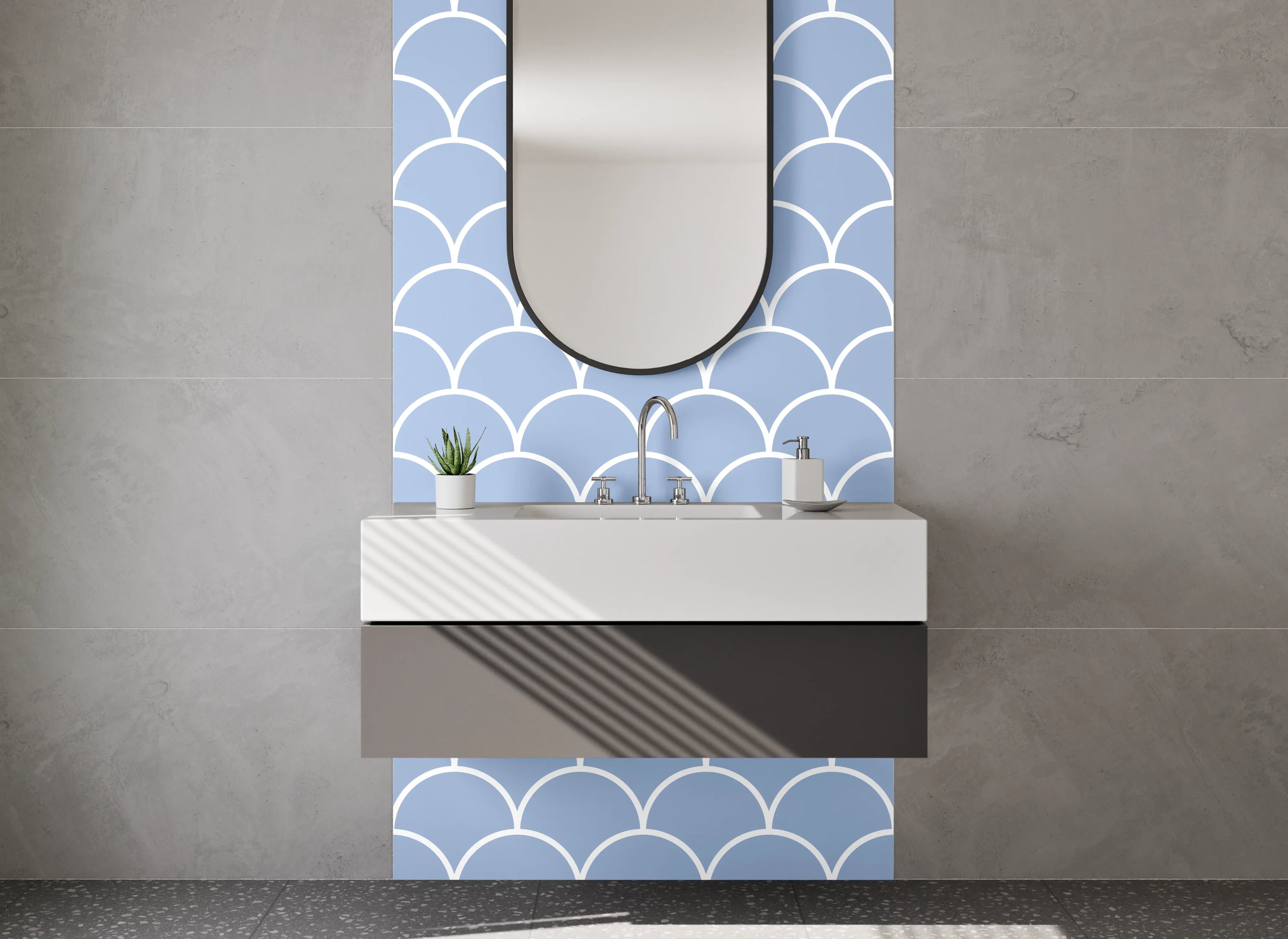 Waschbecken-Rückwand - Fischschuppen-Muster Blau Modern