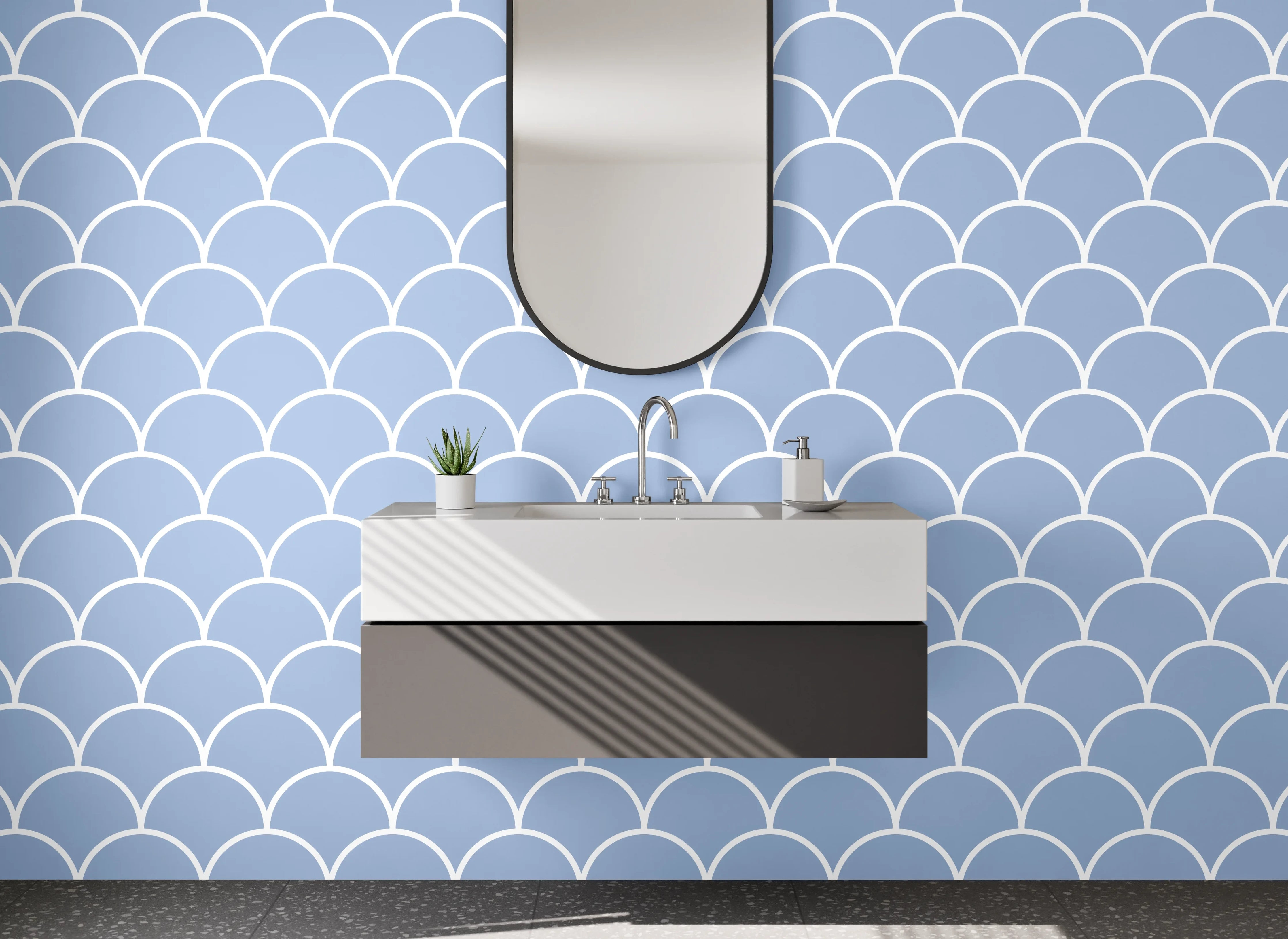 Waschbecken-Rückwand - Fischschuppen-Muster Blau Modern