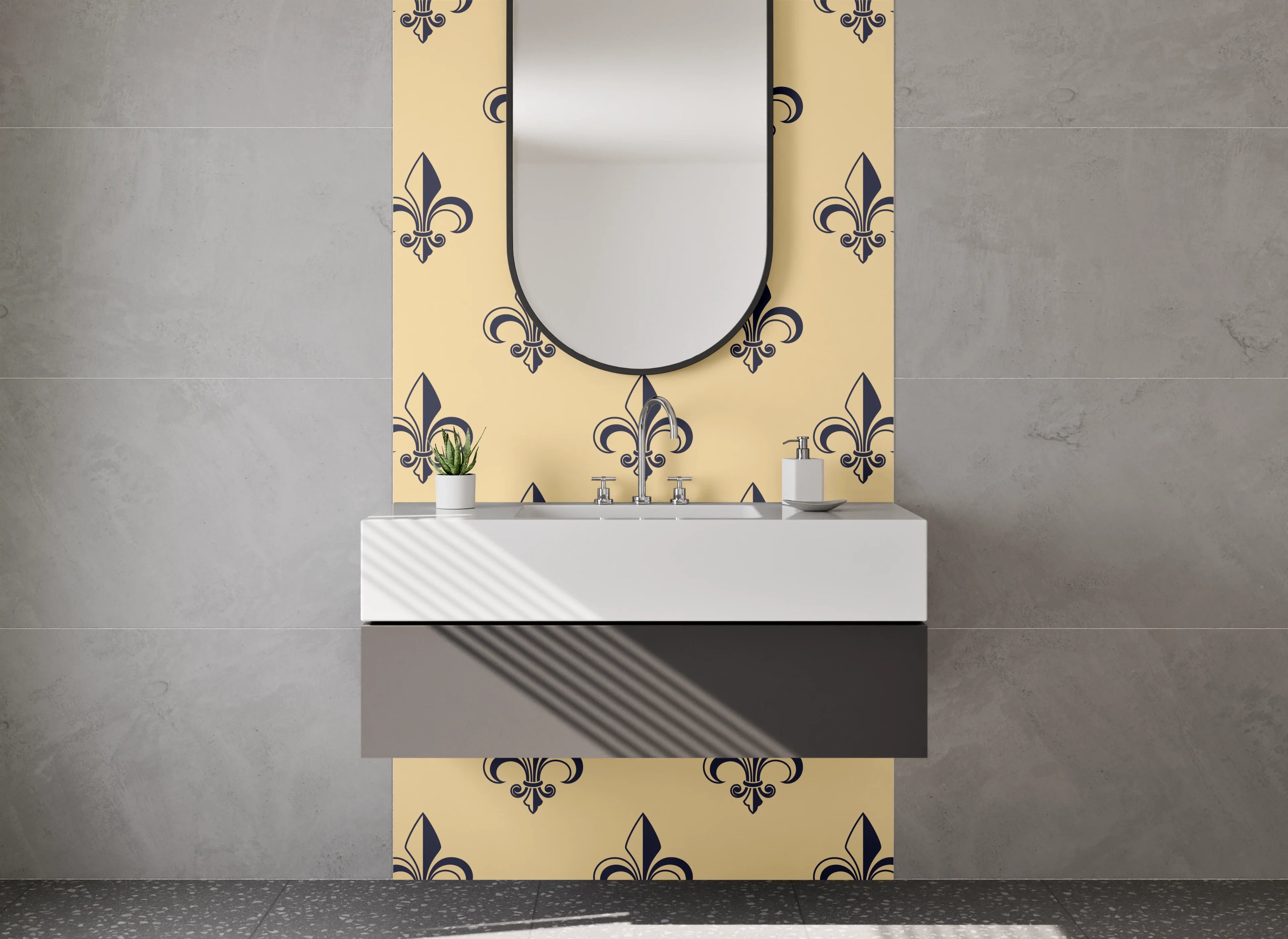 Waschbecken-Rückwand - Fleur-de-Lis Design Grau Weiß Schwarz