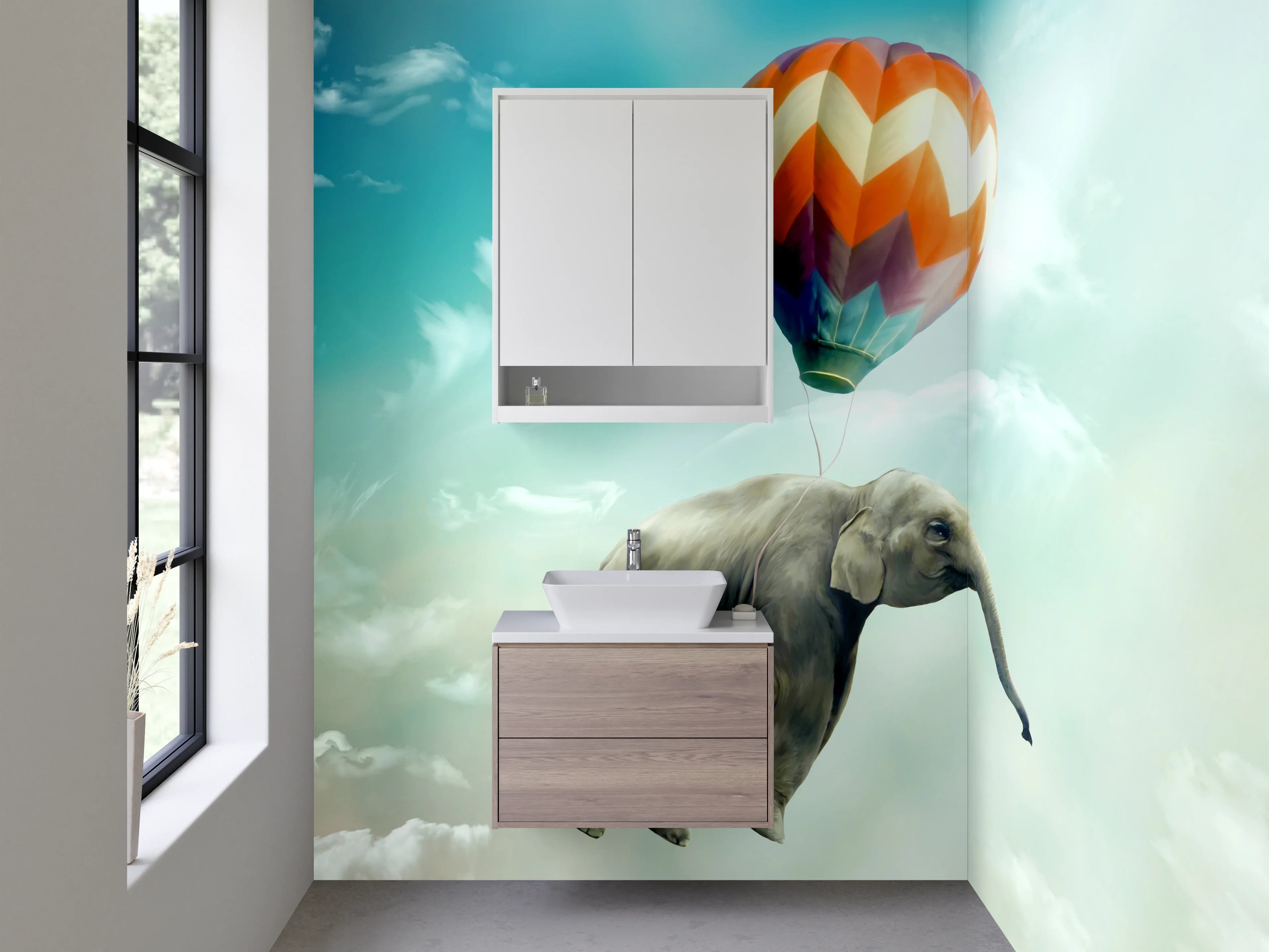 Waschbecken-Rückwand - Fliegender Elefant mit Heißluftballon