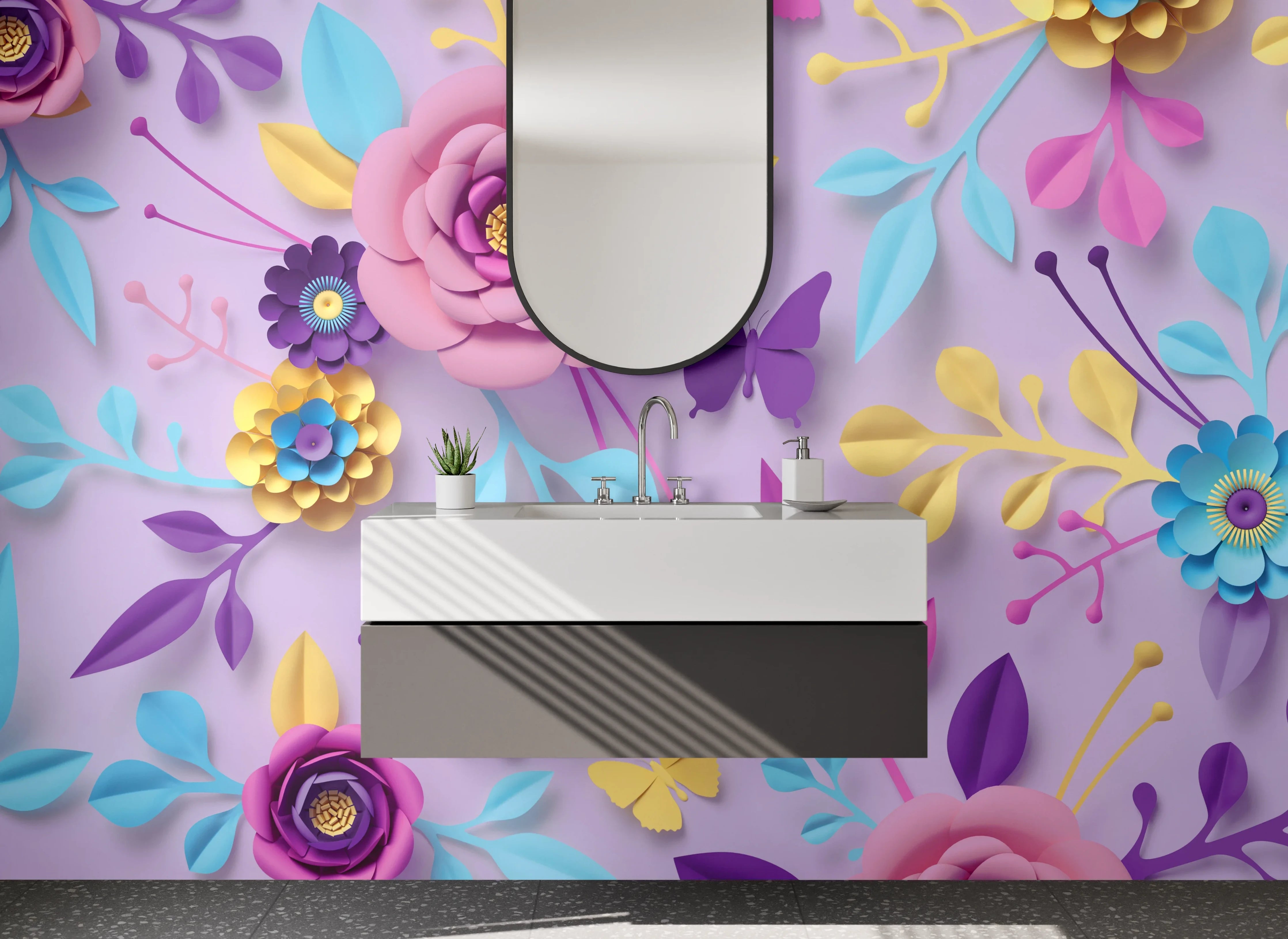 Waschbecken-Rückwand - Florale 3D-Papierkunst in Pastell