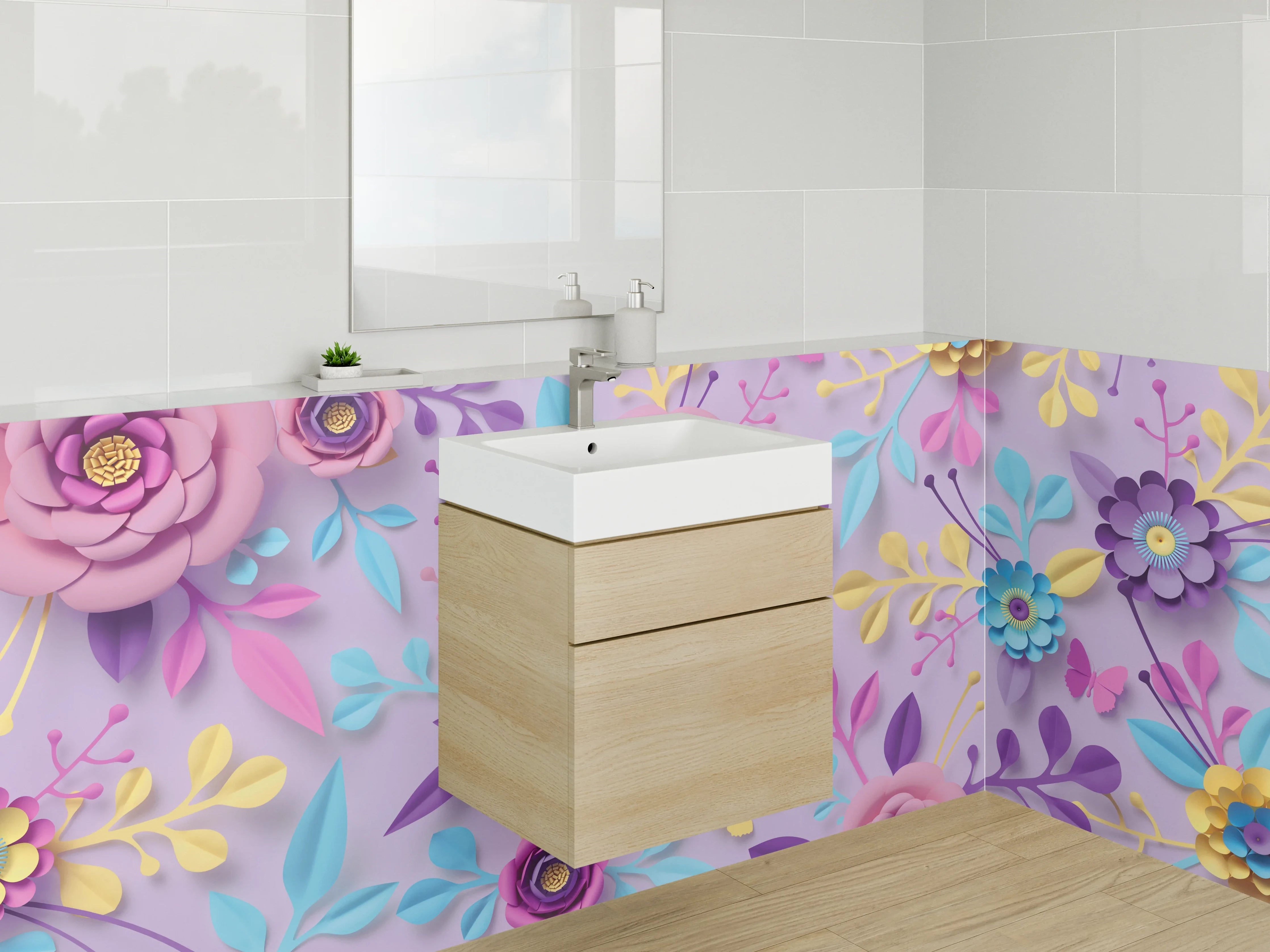 Waschbecken-Rückwand - Florale 3D-Papierkunst in Pastell