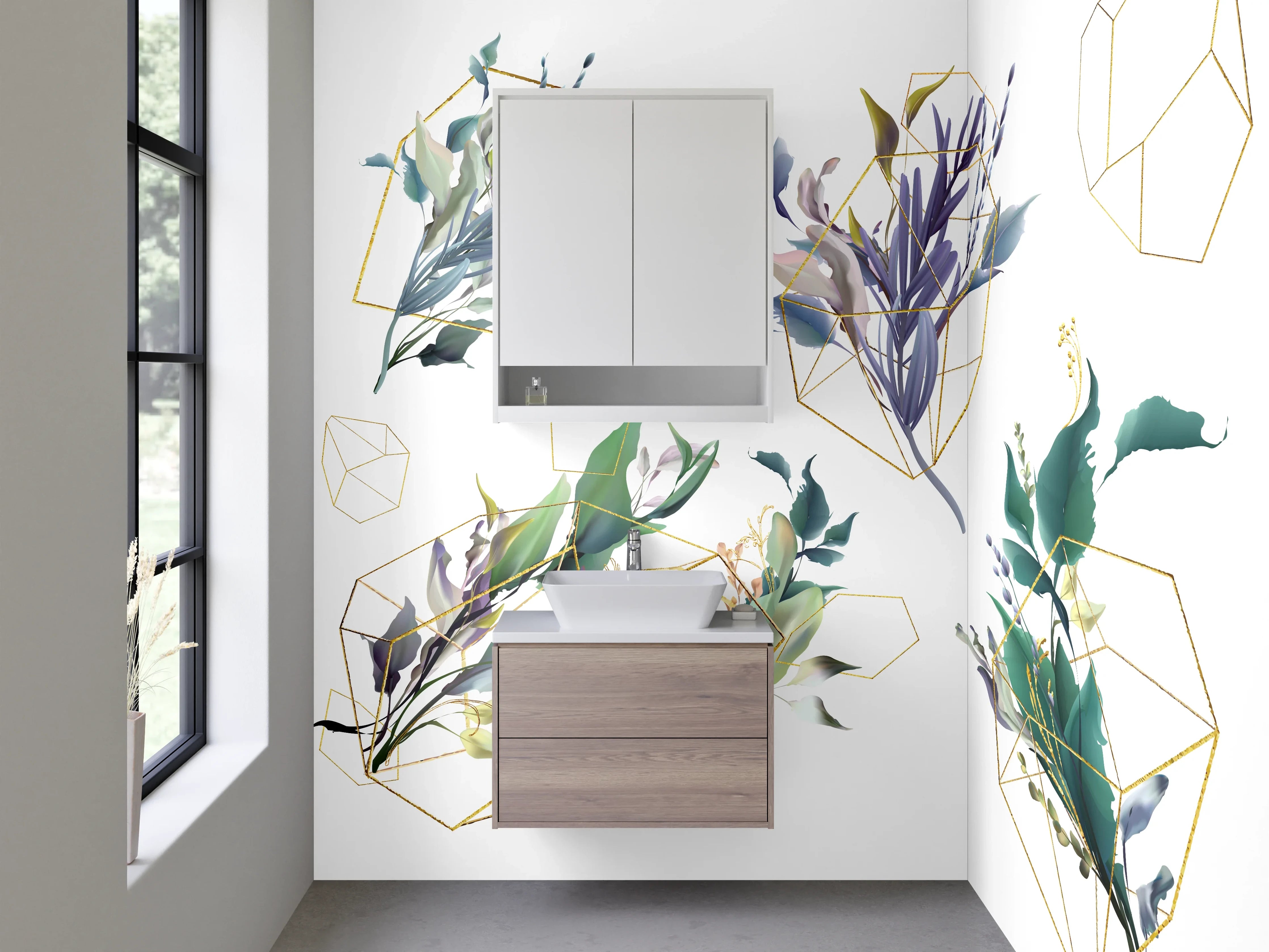 Waschbecken-Rückwand - Florale Aquarell-Illustration mit Goldgeometrie