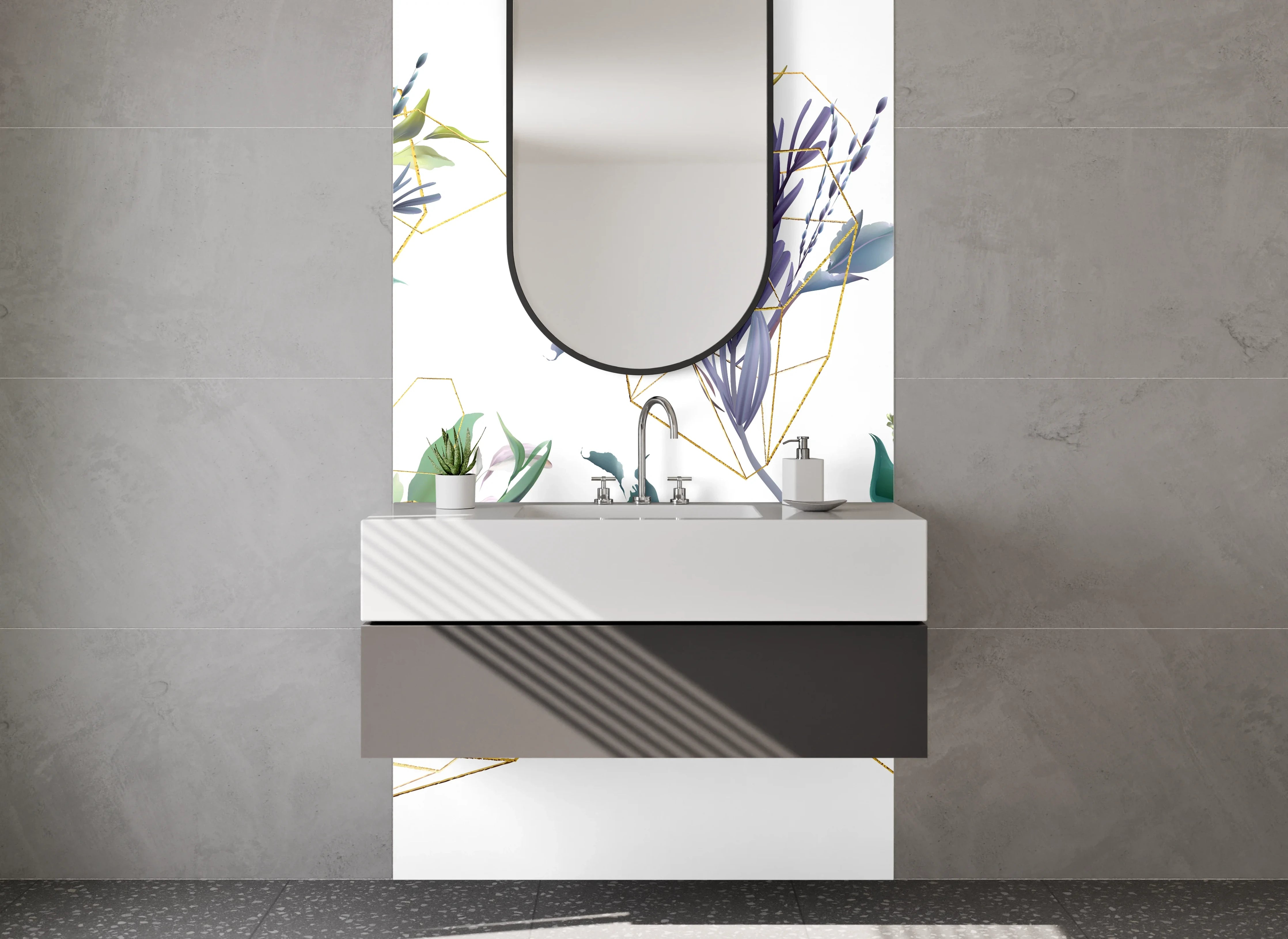 Waschbecken-Rückwand - Florale Aquarell-Illustration mit Goldgeometrie