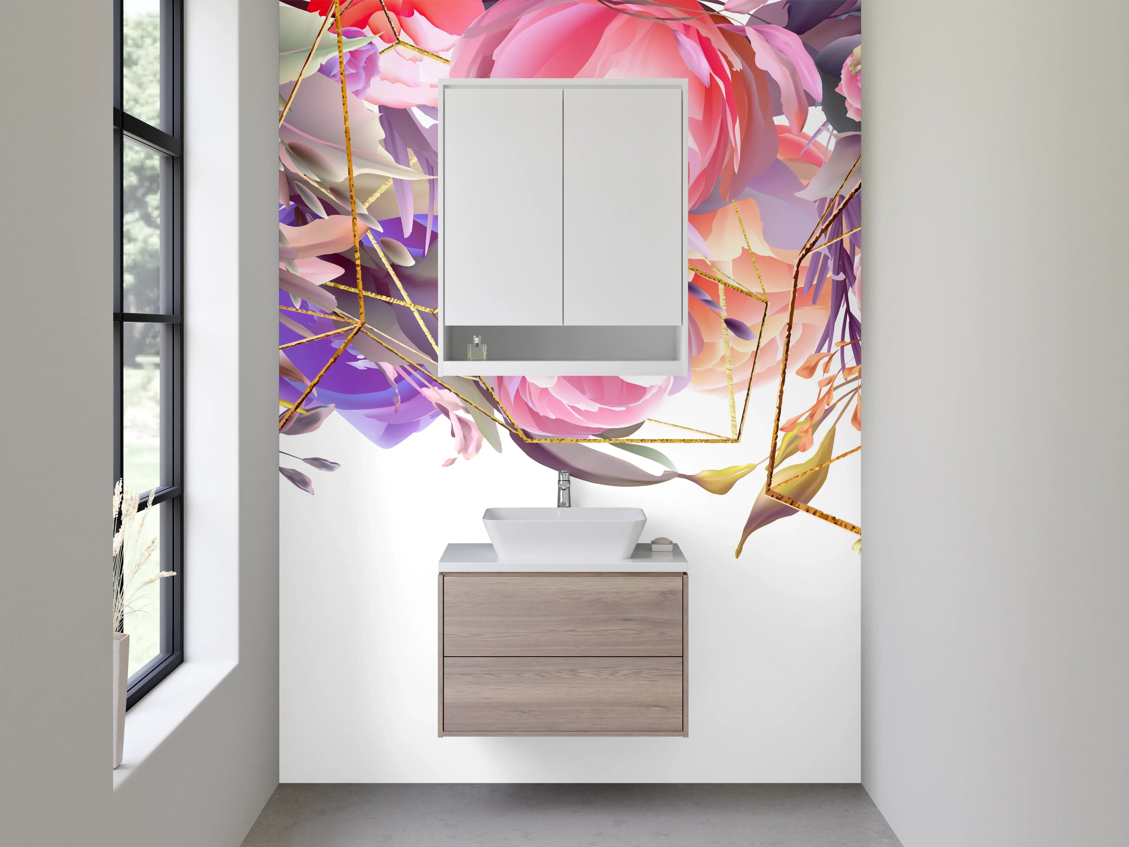 Waschbecken-Rückwand - Florale Aquarellkunst mit Goldlinien