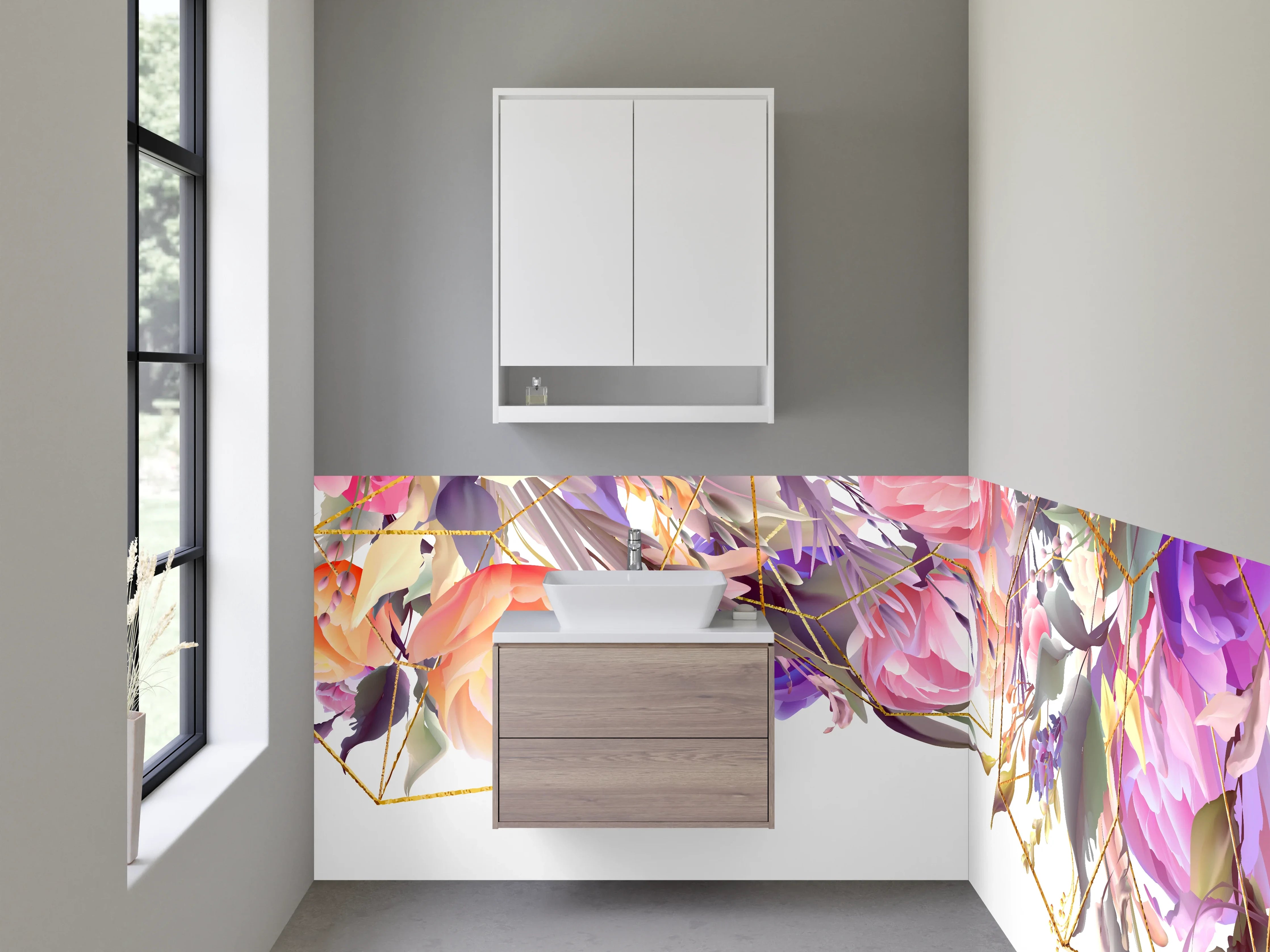 Waschbecken-Rückwand - Florale Aquarellkunst mit Goldlinien