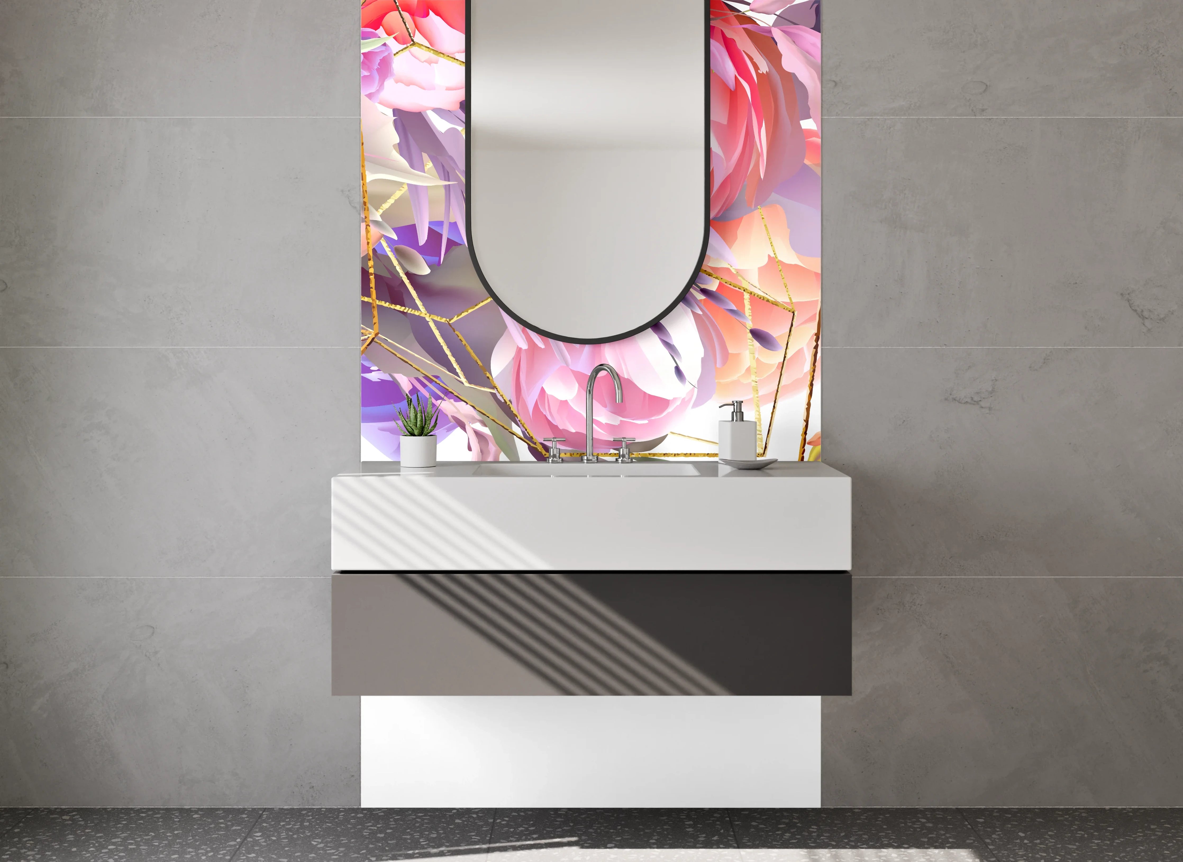 Waschbecken-Rückwand - Florale Aquarellkunst mit Goldlinien