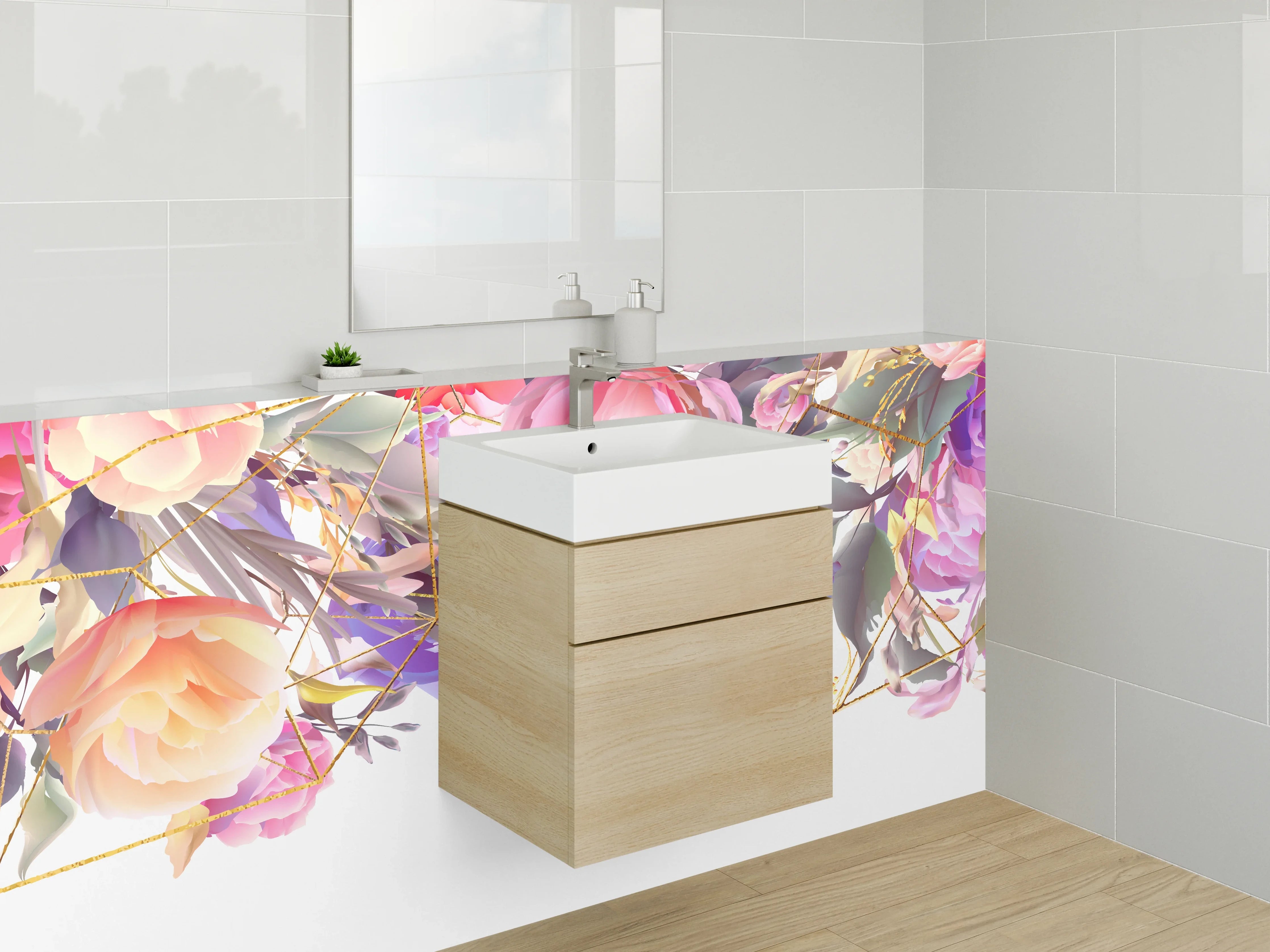 Waschbecken-Rückwand - Florale Aquarellkunst mit Goldlinien