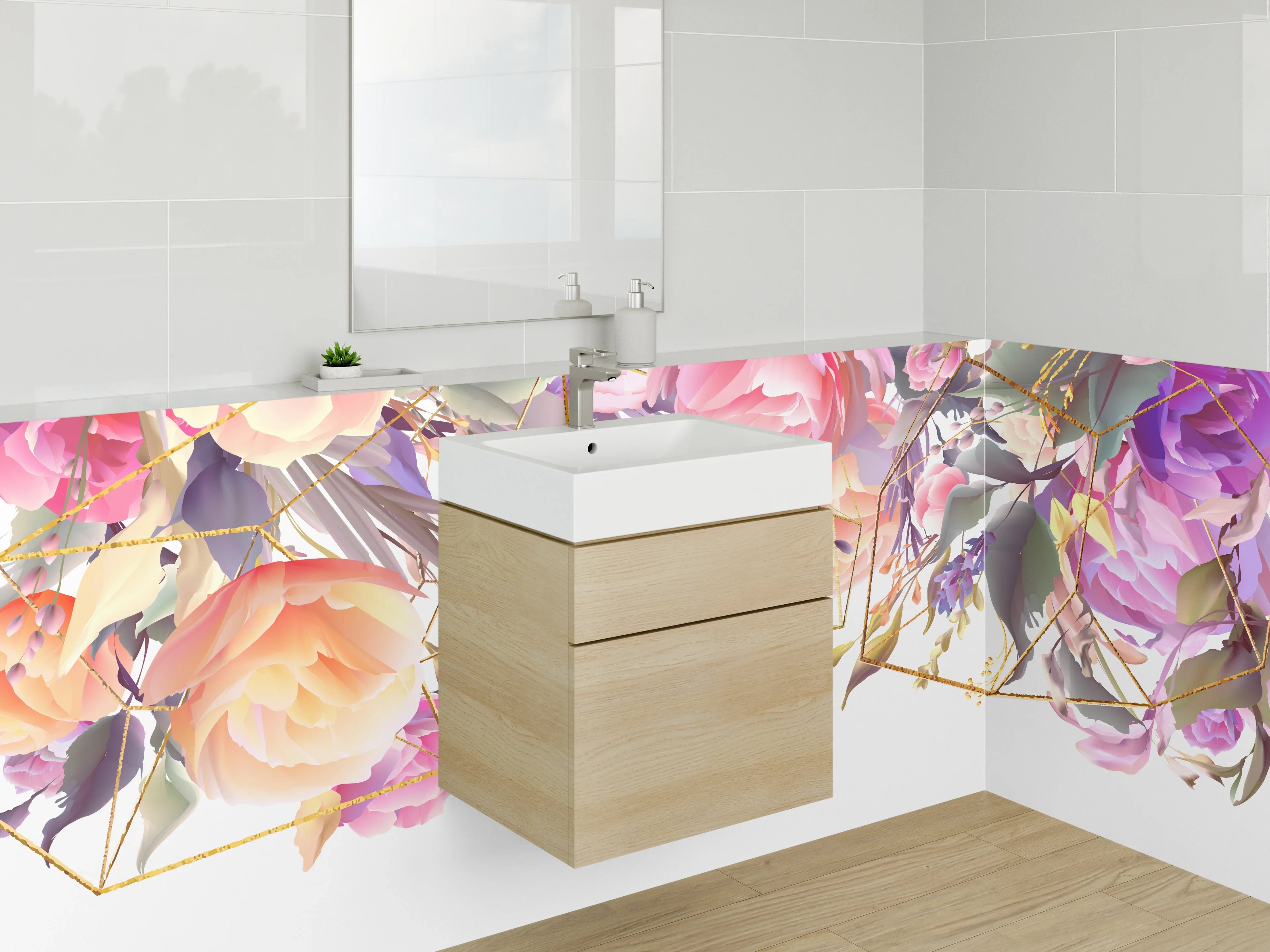 Waschbecken-Rückwand - Florale Aquarellkunst mit Goldlinien
