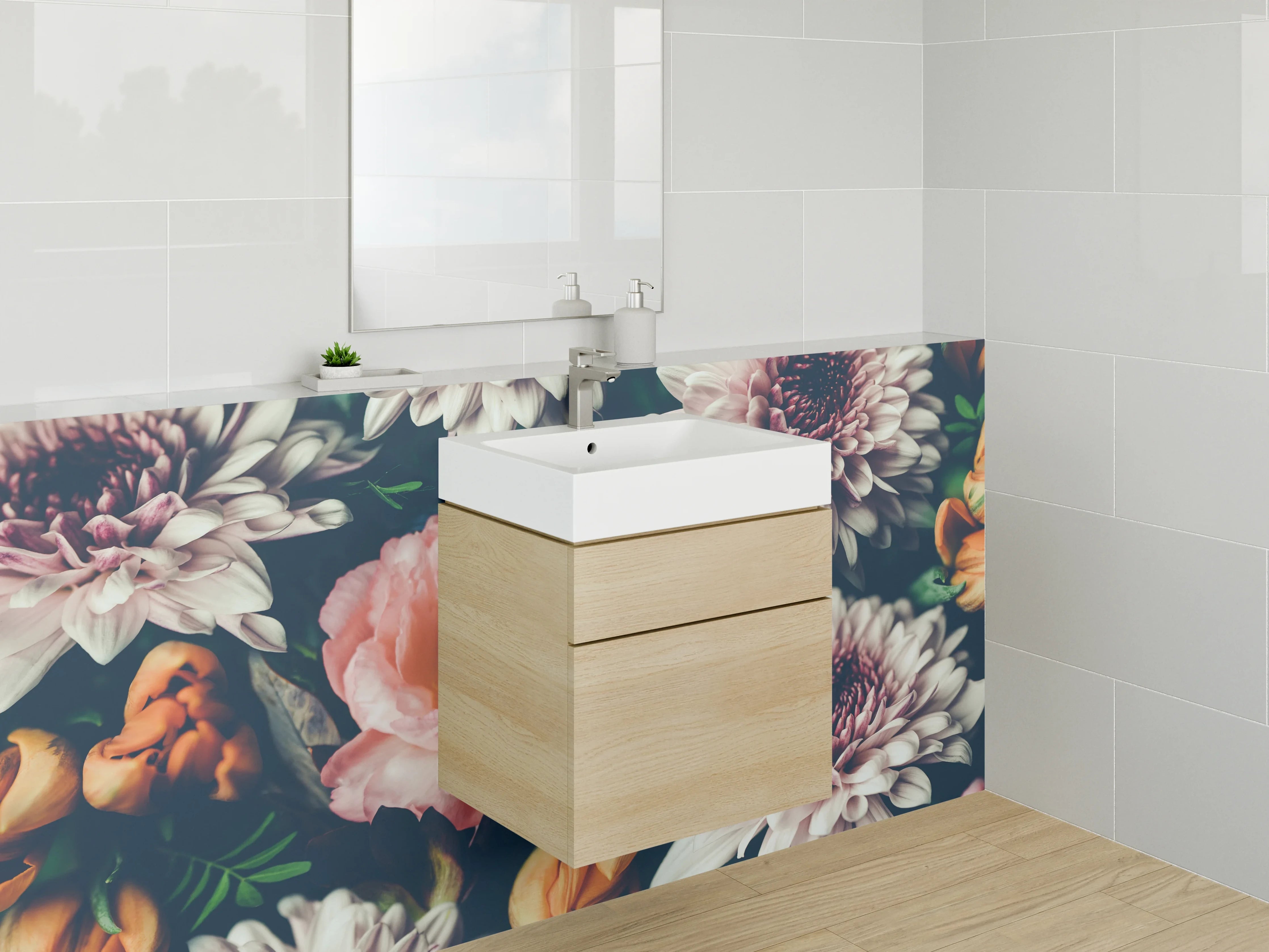 Waschbecken-Rückwand - Florale Blütenpracht auf Dunkel