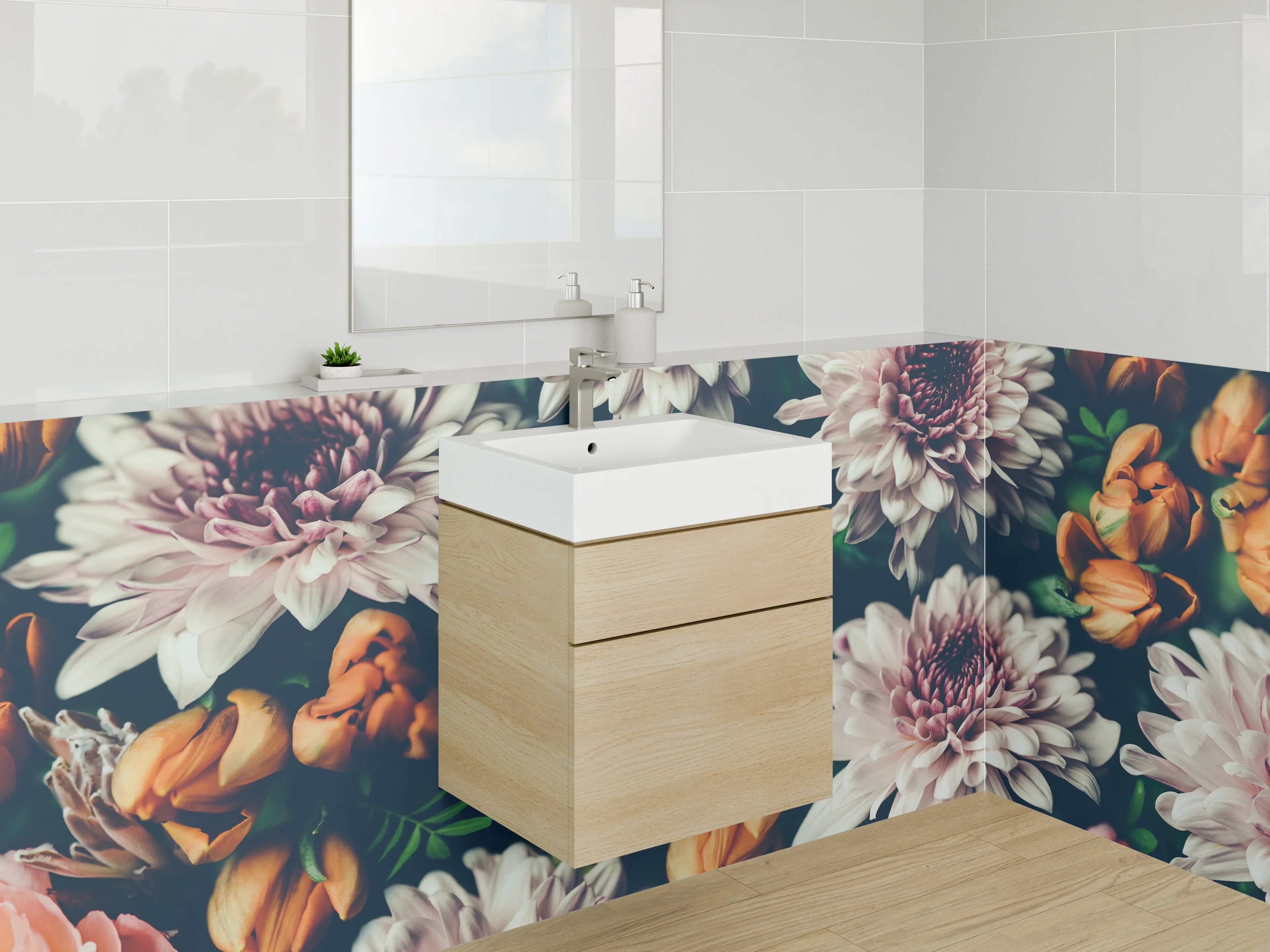 Waschbecken-Rückwand - Florale Blütenpracht auf Dunkel