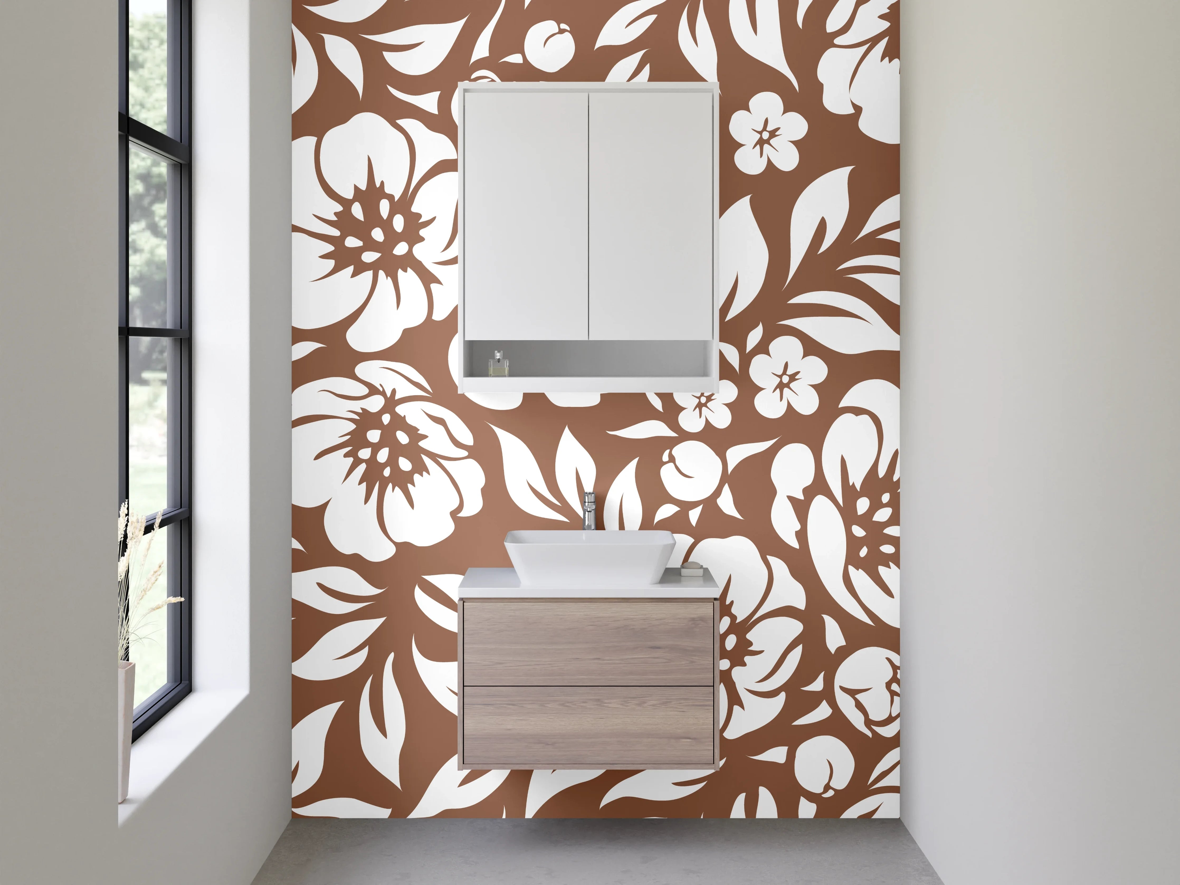 Waschbecken-Rückwand - Florale Blütenpracht in Braun-Grau