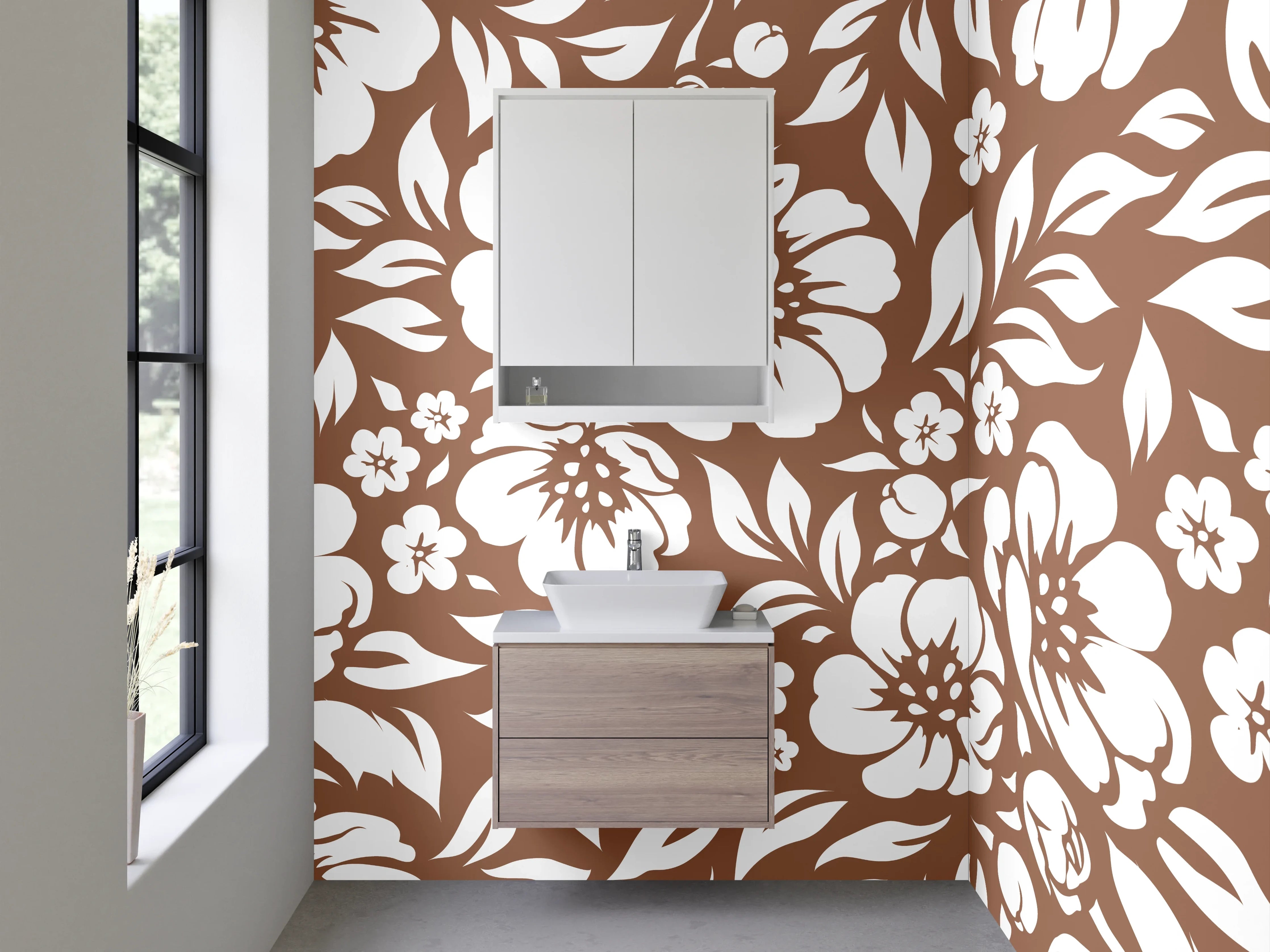 Waschbecken-Rückwand - Florale Blütenpracht in Braun-Grau