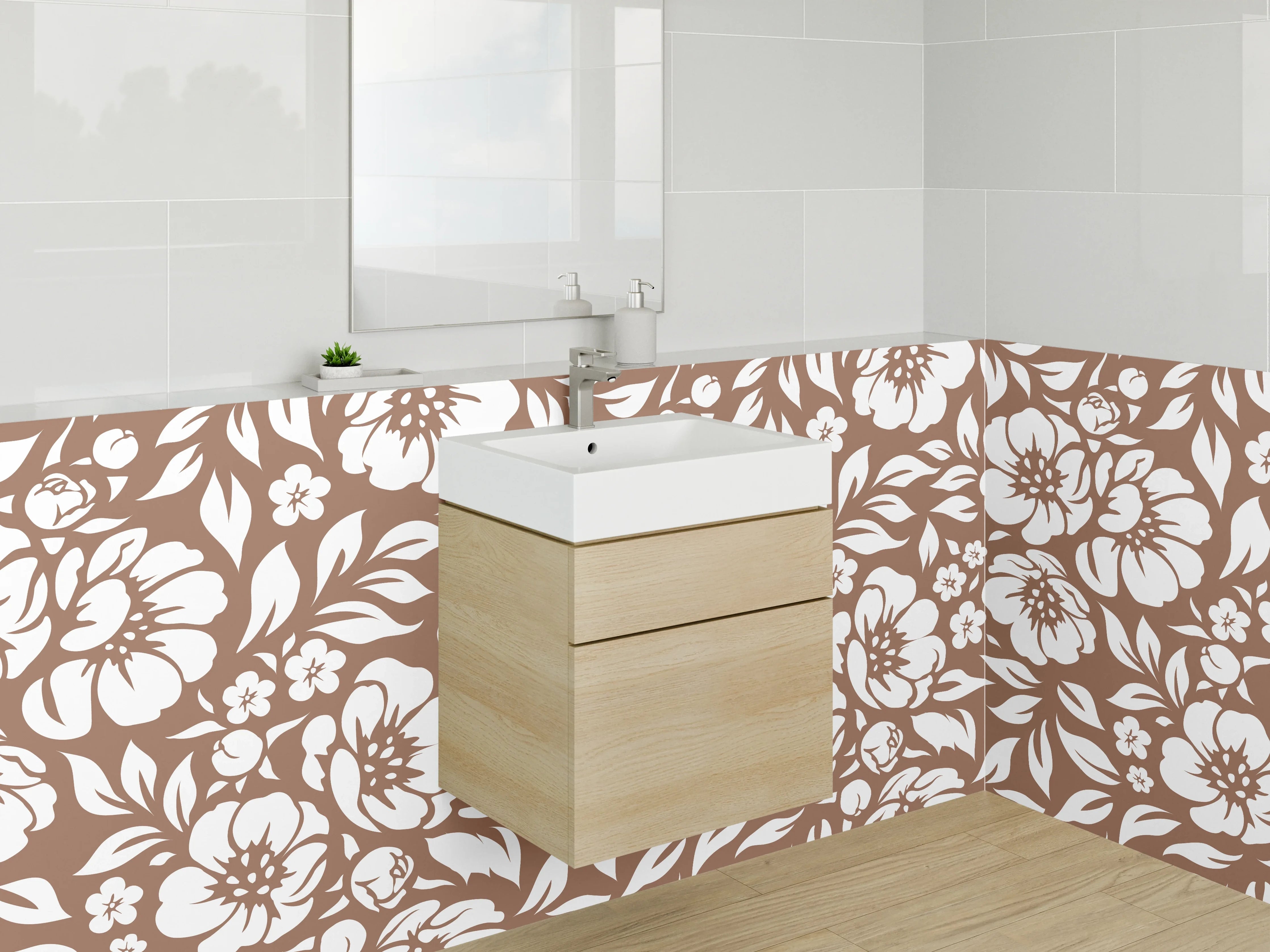 Waschbecken-Rückwand - Florale Blütenpracht in Braun-Grau