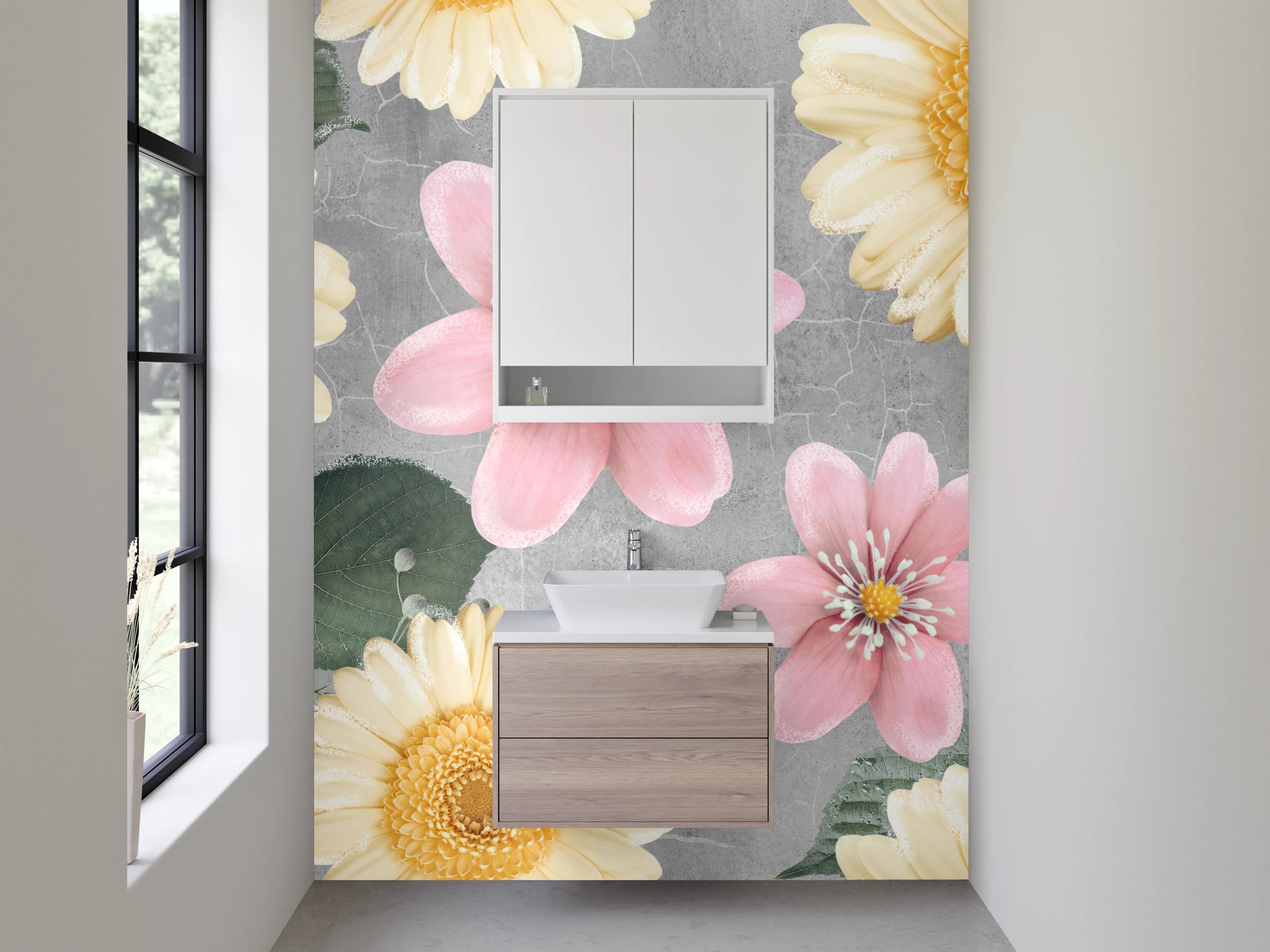 Waschbecken-Rückwand - Florale Eleganz auf grauem Grund