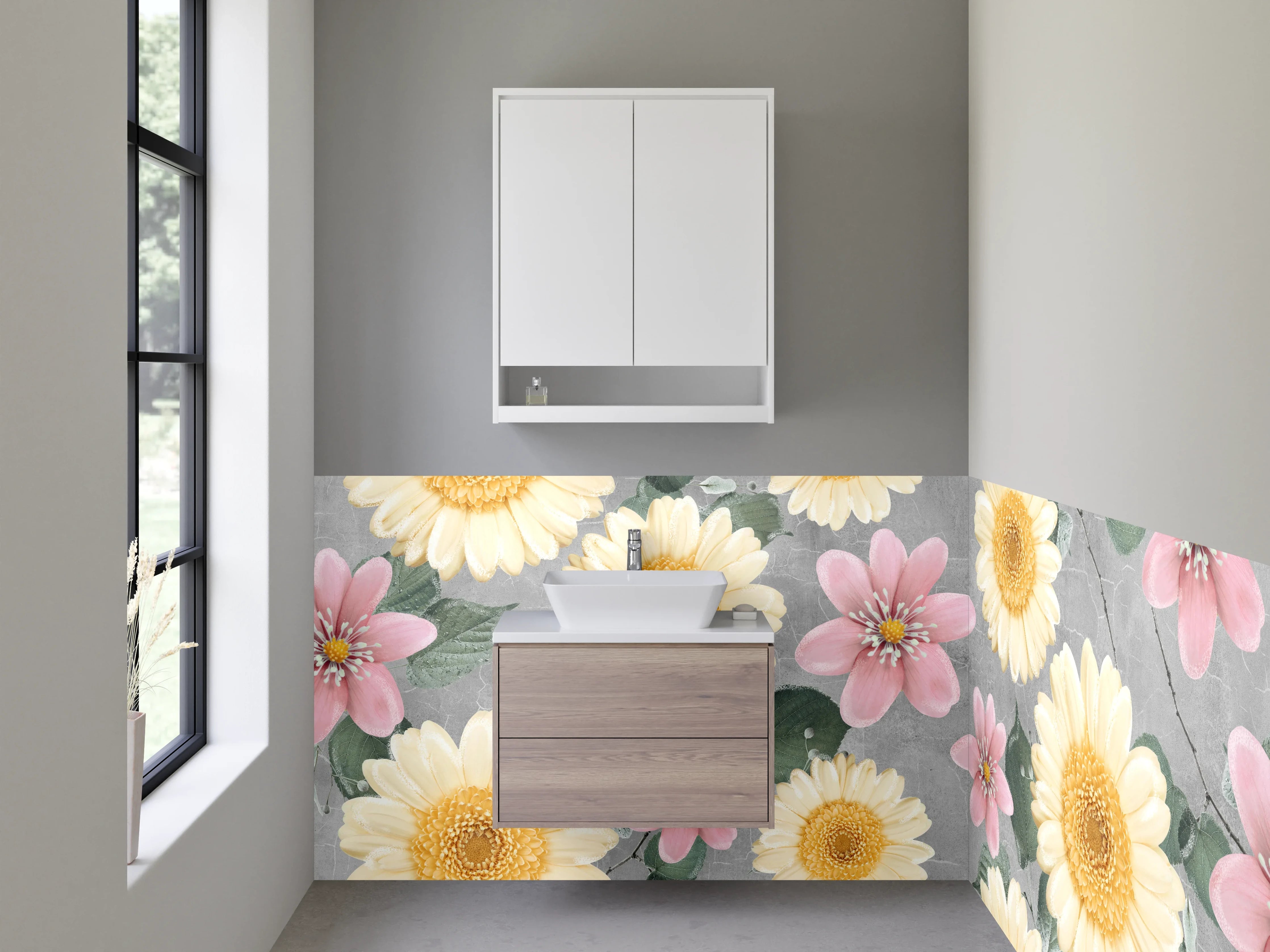 Waschbecken-Rückwand - Florale Eleganz auf grauem Grund