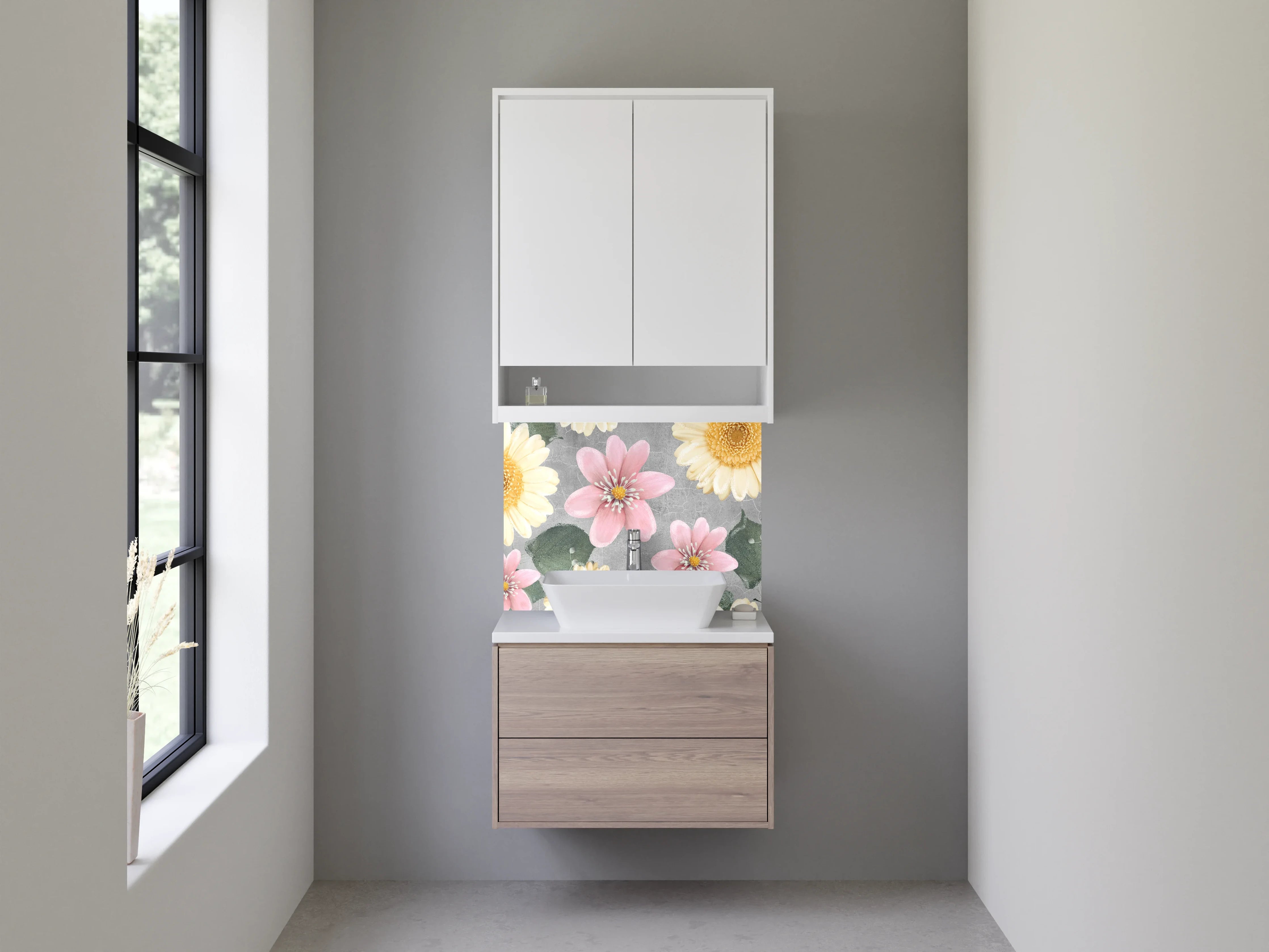 Waschbecken-Rückwand - Florale Eleganz auf grauem Grund