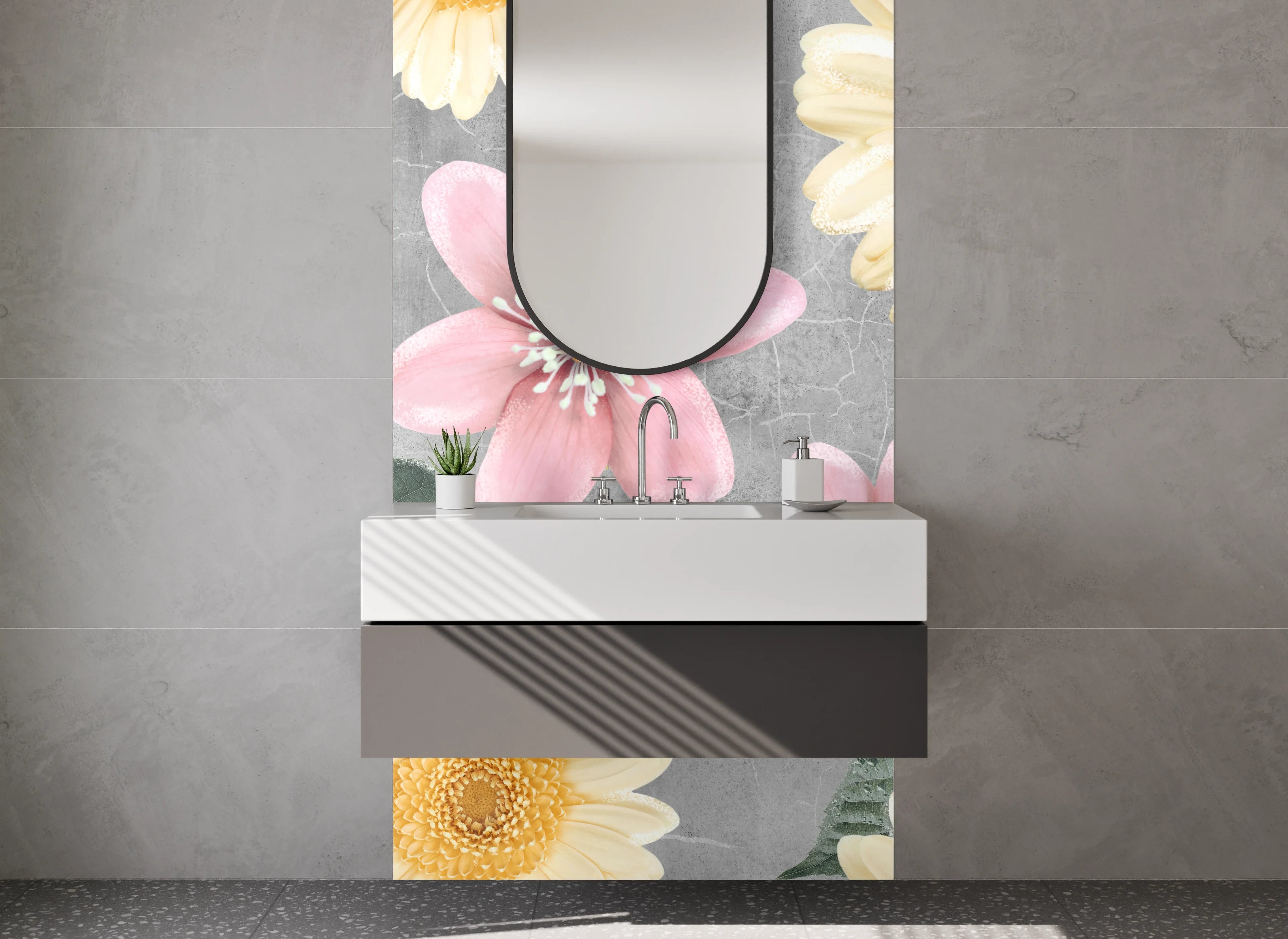 Waschbecken-Rückwand - Florale Eleganz auf grauem Grund
