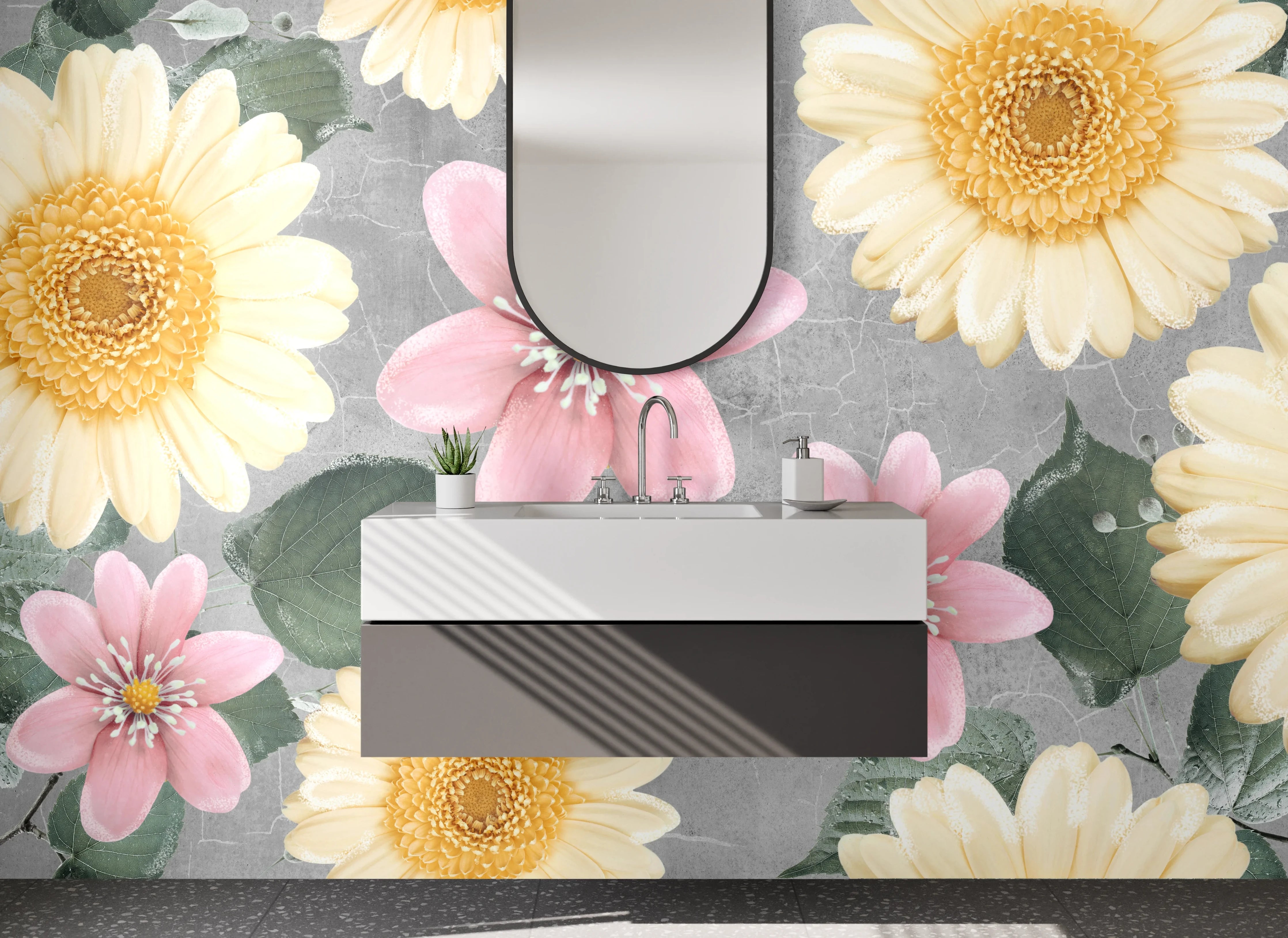 Waschbecken-Rückwand - Florale Eleganz auf grauem Grund