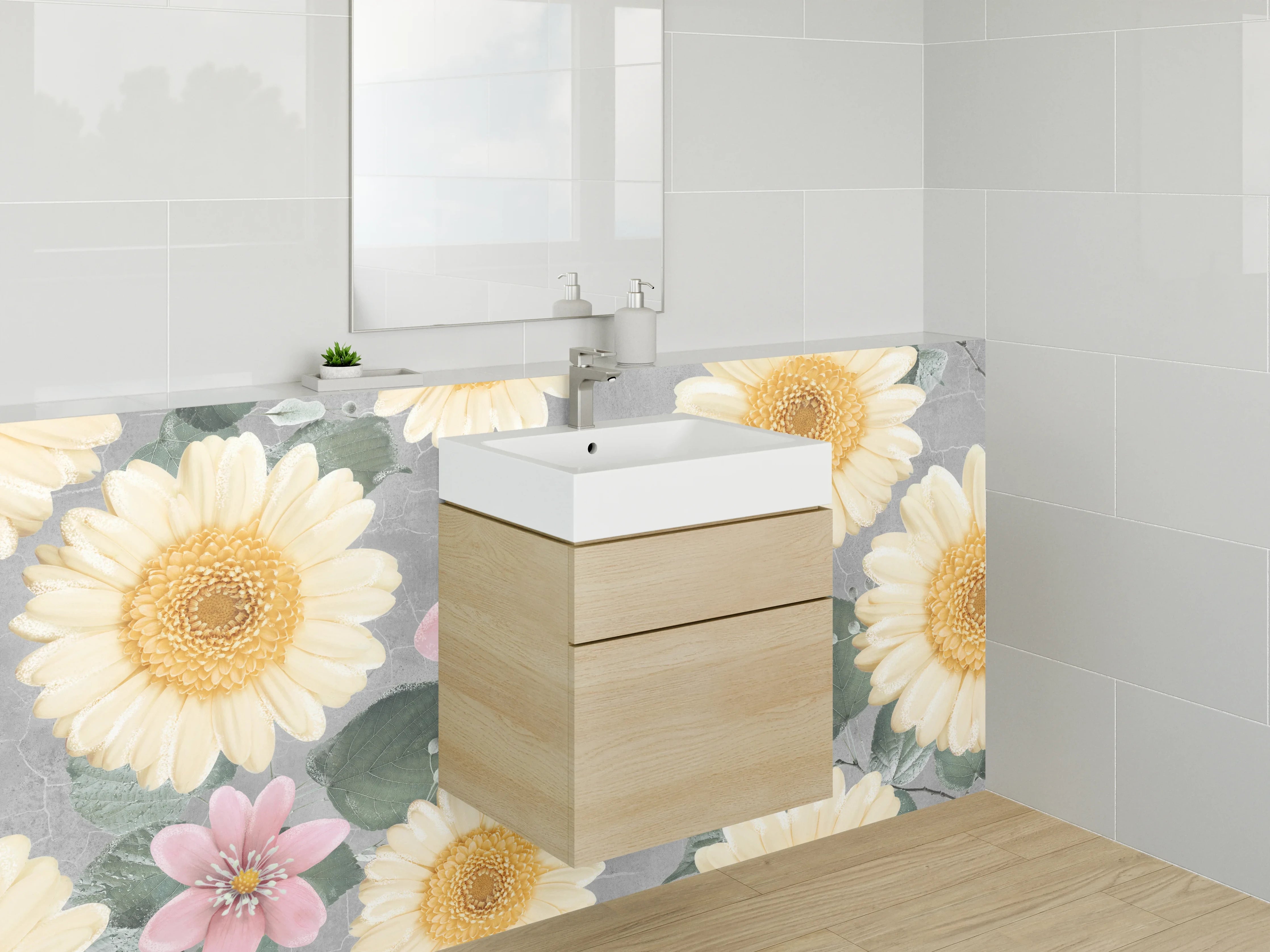 Waschbecken-Rückwand - Florale Eleganz auf grauem Grund