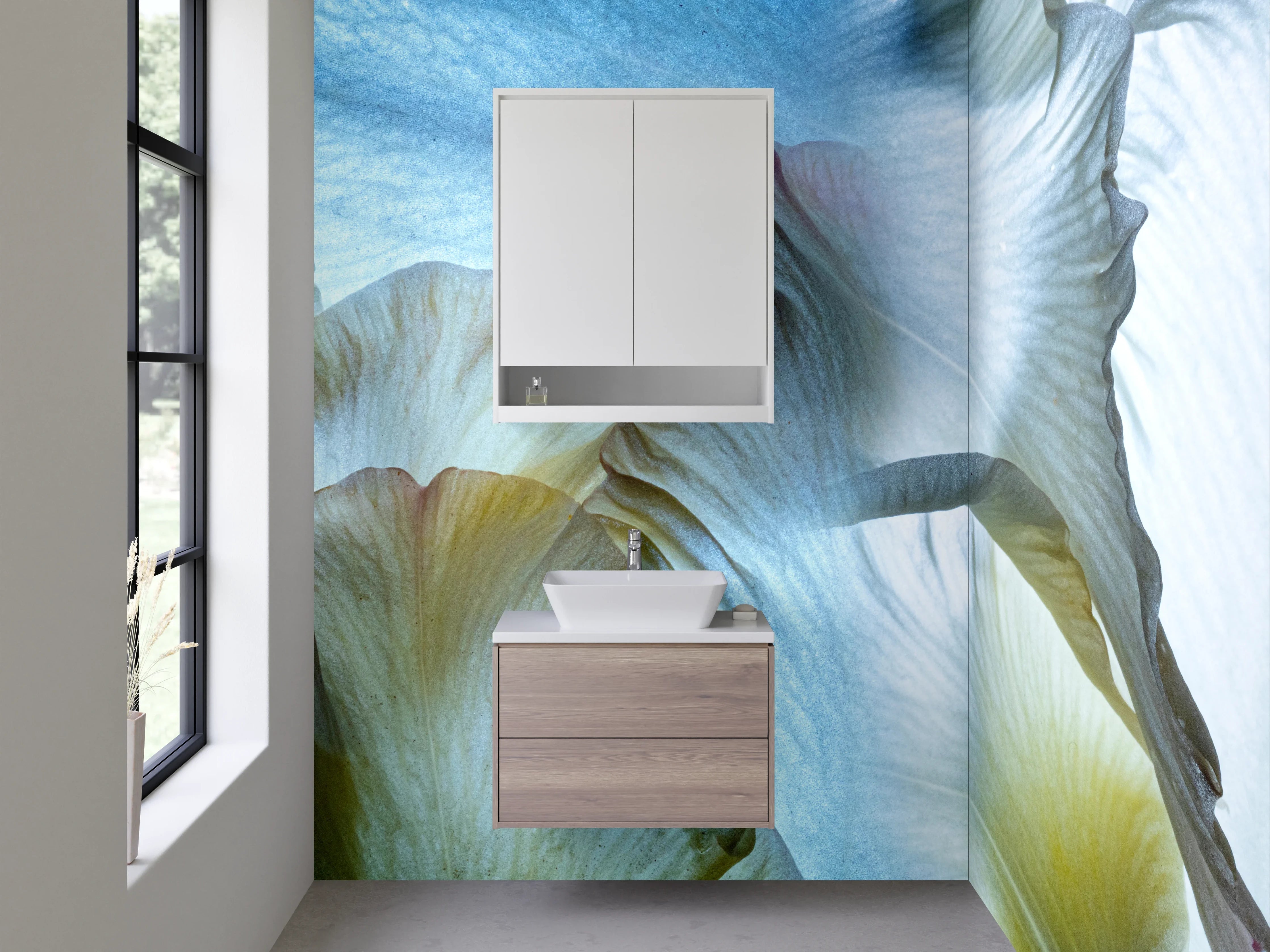 Waschbecken-Rückwand - Florale Eleganz in Pastellblau