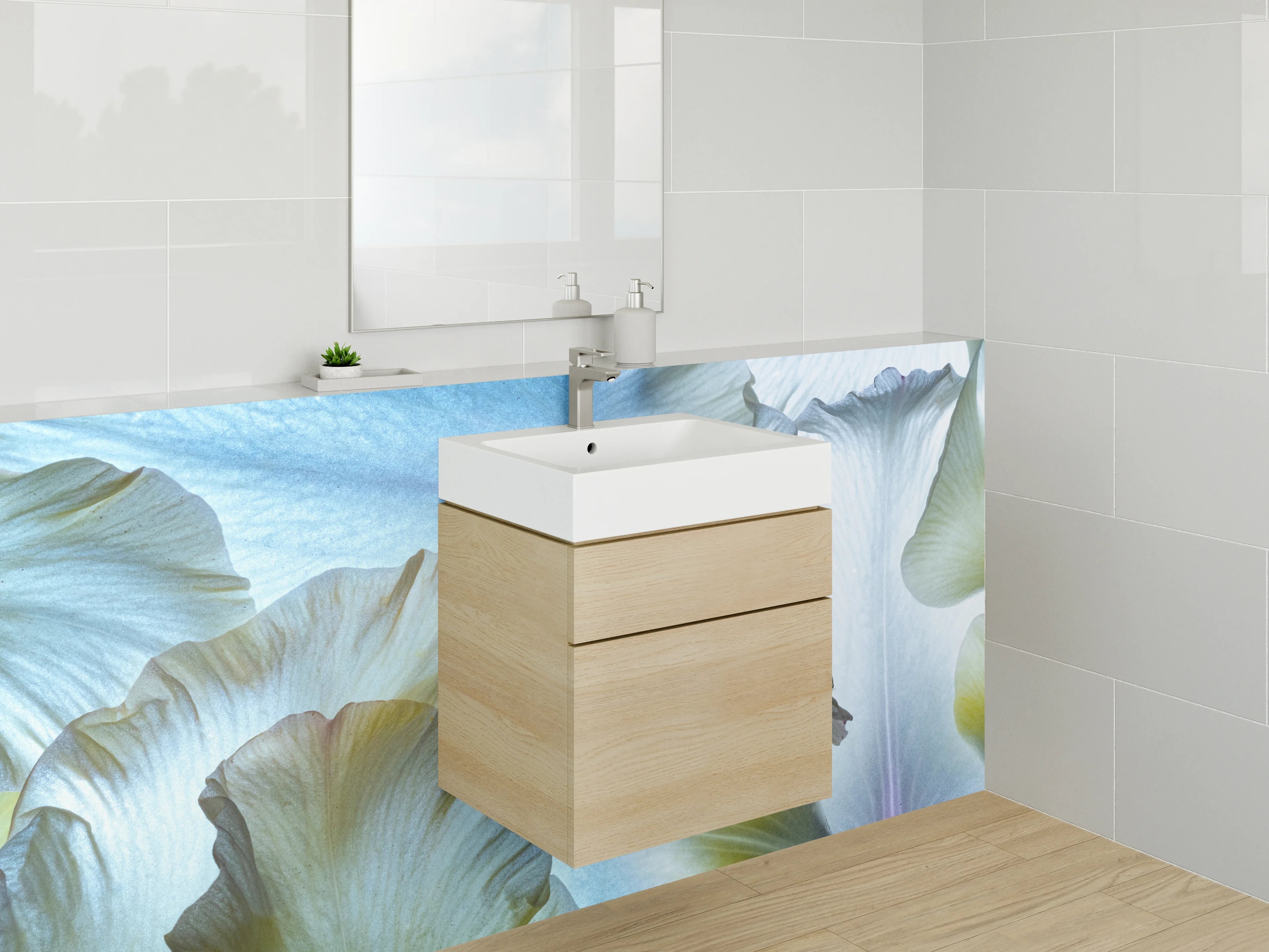 Waschbecken-Rückwand - Florale Eleganz in Pastellblau