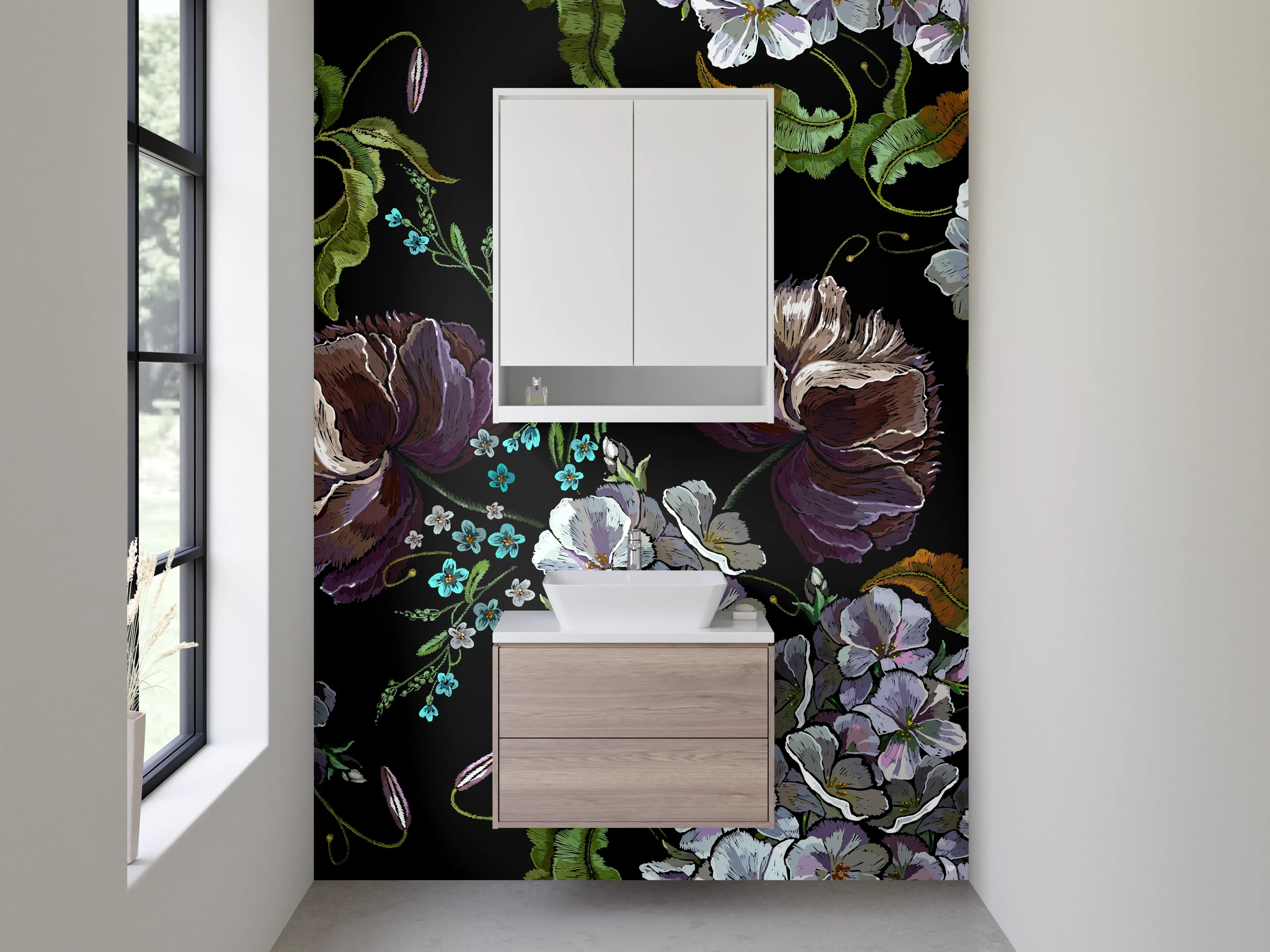 Waschbecken-Rückwand - Florale Kunst Blumen Schwarz