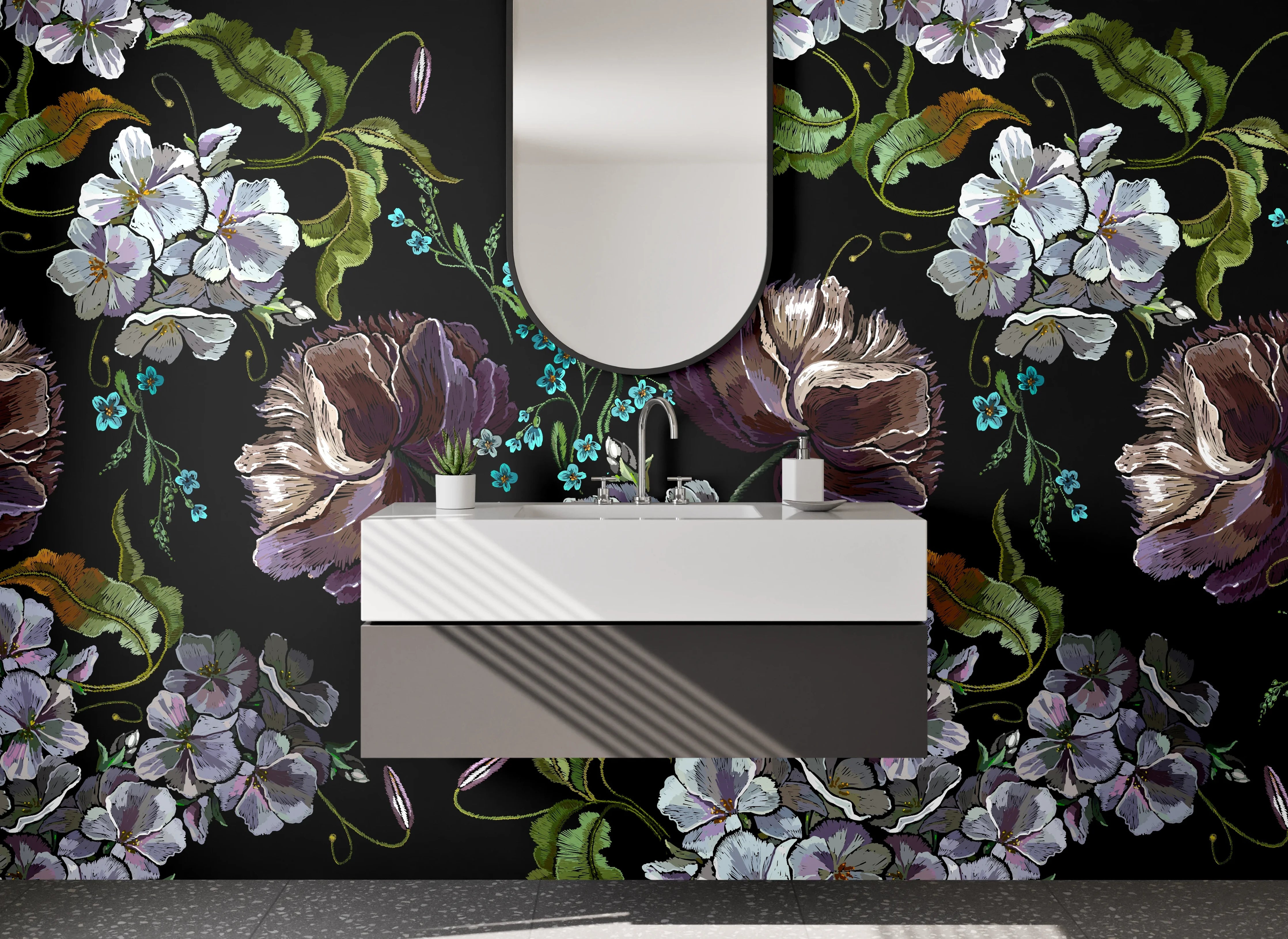 Waschbecken-Rückwand - Florale Kunst Blumen Schwarz