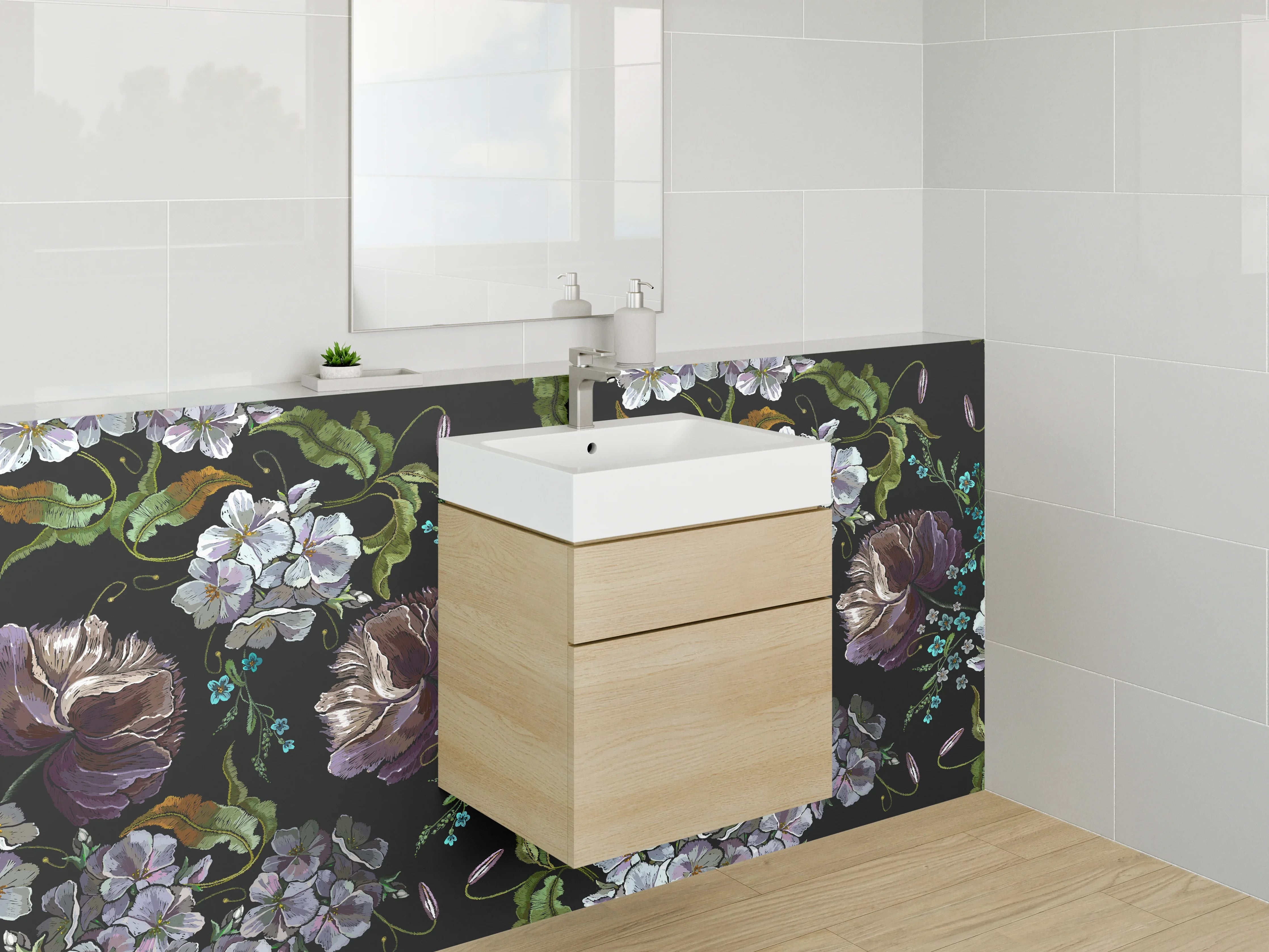 Waschbecken-Rückwand - Florale Kunst Blumen Schwarz