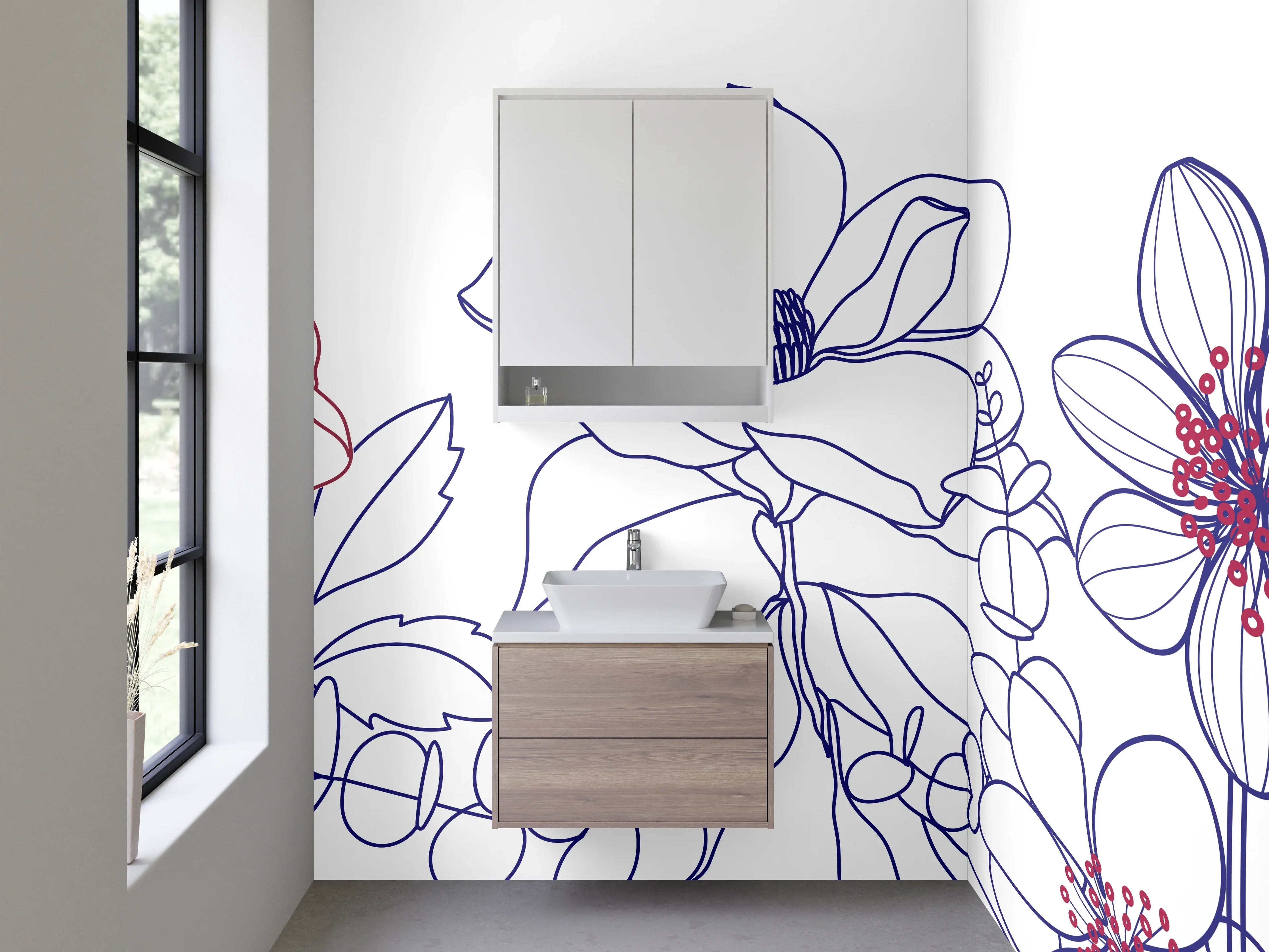 Waschbecken-Rückwand - Florale Lineart Blumenzeichnung