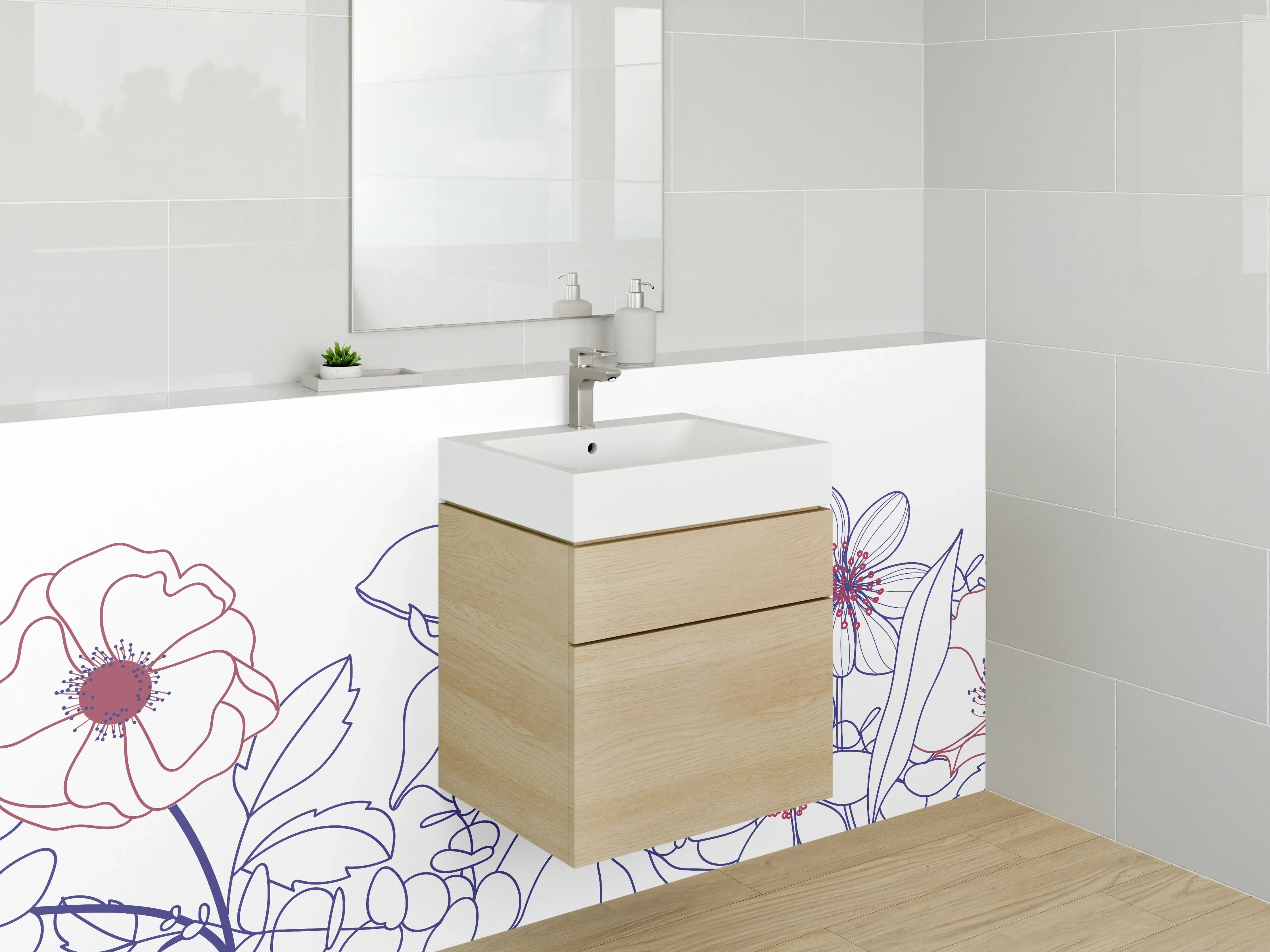 Waschbecken-Rückwand - Florale Lineart Blumenzeichnung